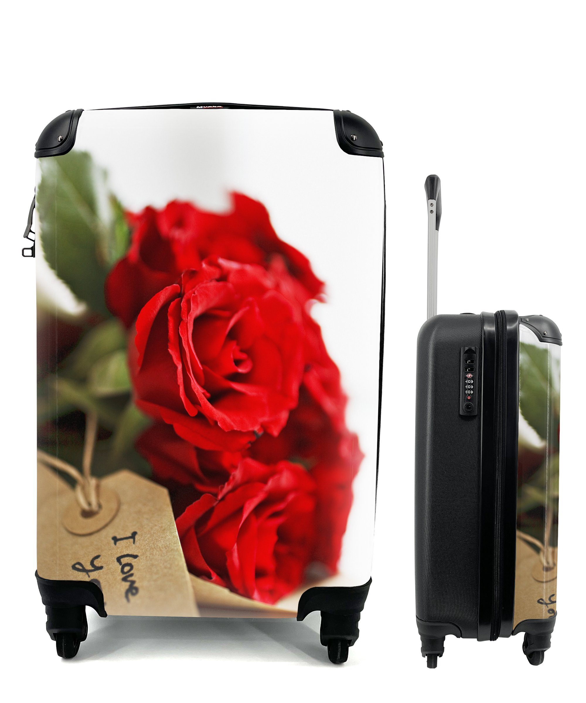 MuchoWow Handgepäckkoffer Rote Rosen auf weißem Hintergrund zum Valentinstag, 4 Rollen, Reisetasche mit rollen, Handgepäck für Ferien, Trolley, Reisekoffer