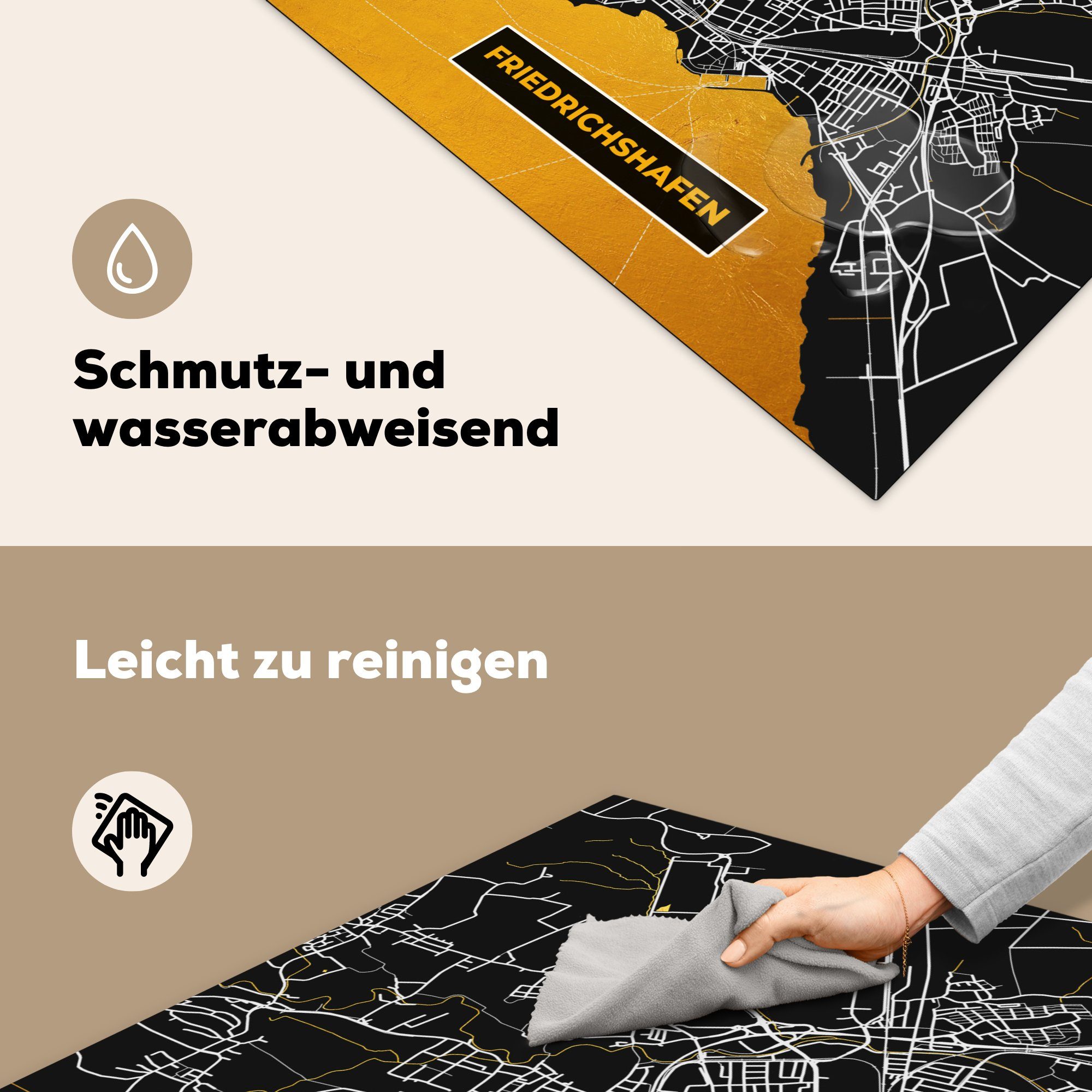 MuchoWow Herdblende-/Abdeckplatte Gold - Deutschland - küche - 78x78 (1 Karte cm, Stadtplan Ceranfeldabdeckung, tlg), Vinyl, für - Friedrichshafen, Arbeitsplatte