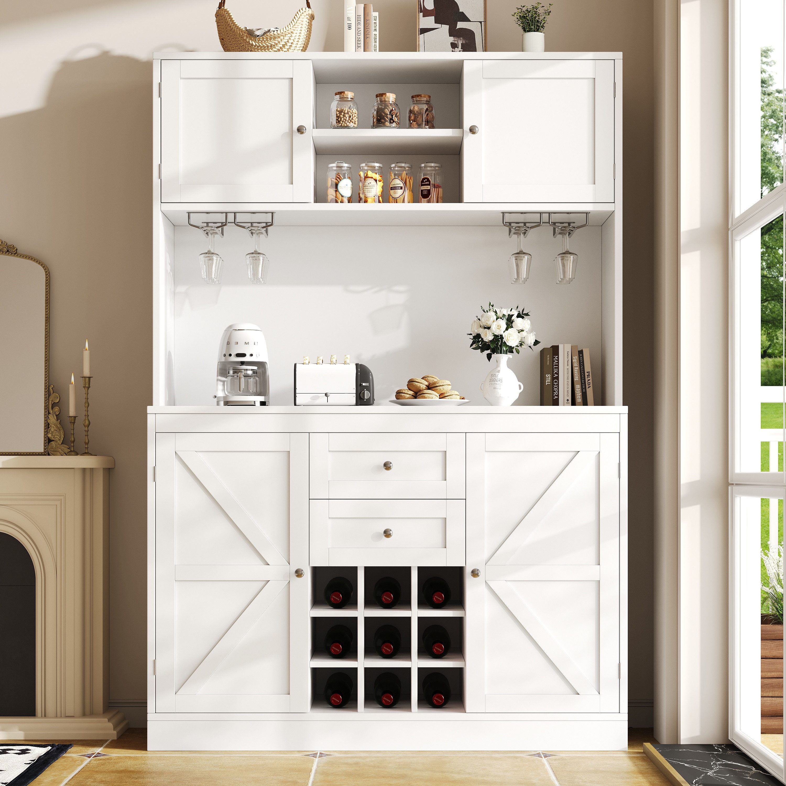 Flieks Küchenbuffet mit verstellbaren Ablagen & Weinregal & Türablagen (1-St., B120/T40/H188 cm) Hochschrank Küchenschrank Geschirrschrank mit Gläserhalter Weiß
