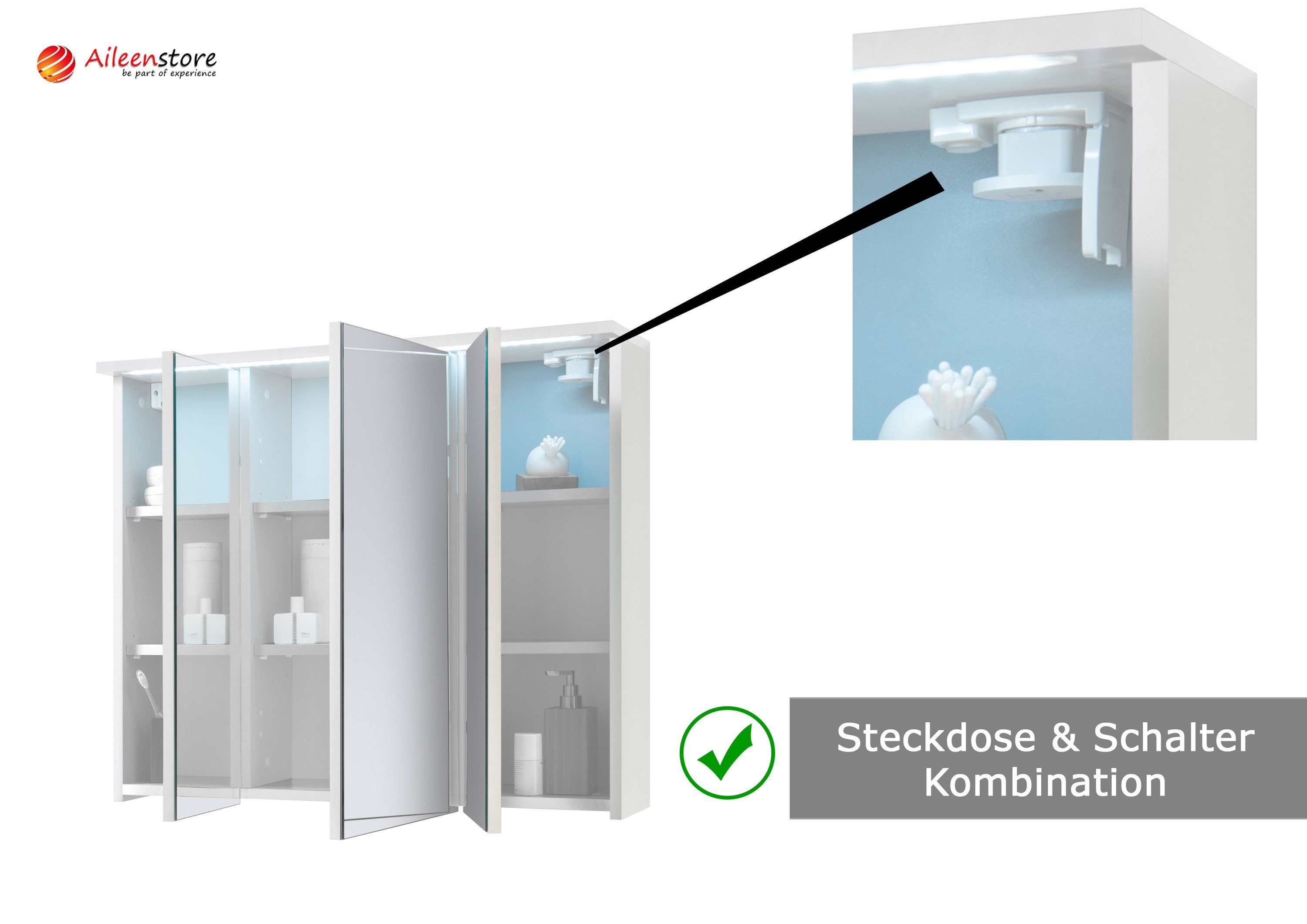 Aileenstore Spiegelschrank DUO Breite 100 cm, Schalter-/Steckdosenbox, LED-Beleuchtung