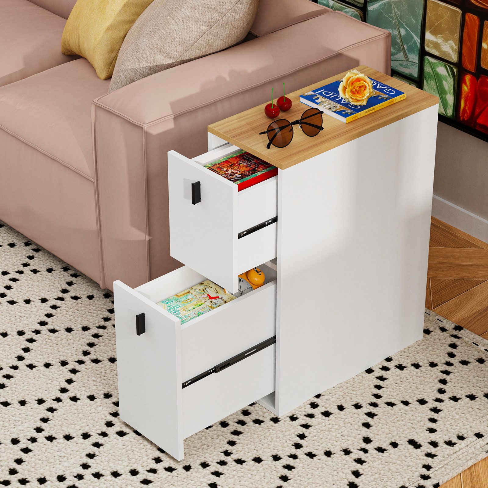 JEOBEST Nachttisch Nachtschrank Beistelltisch mit 2 Schubladen, Schmal, Moderner Nachtkommode für Schlafzimmer 25x50x70cm – Bild 4 von 5