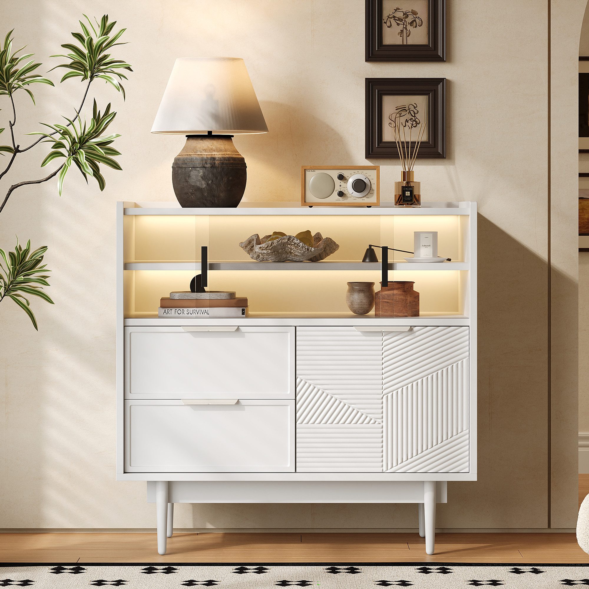 OKWISH Sideboard 80 cm breit mit LED-Beleuchtung und Glastüren (2 Schubladen, 3 Türen, 1 St., Praktischer Aufbewahrungsschrank mit Beleuchtung), Sideboard fürs Badezimmer