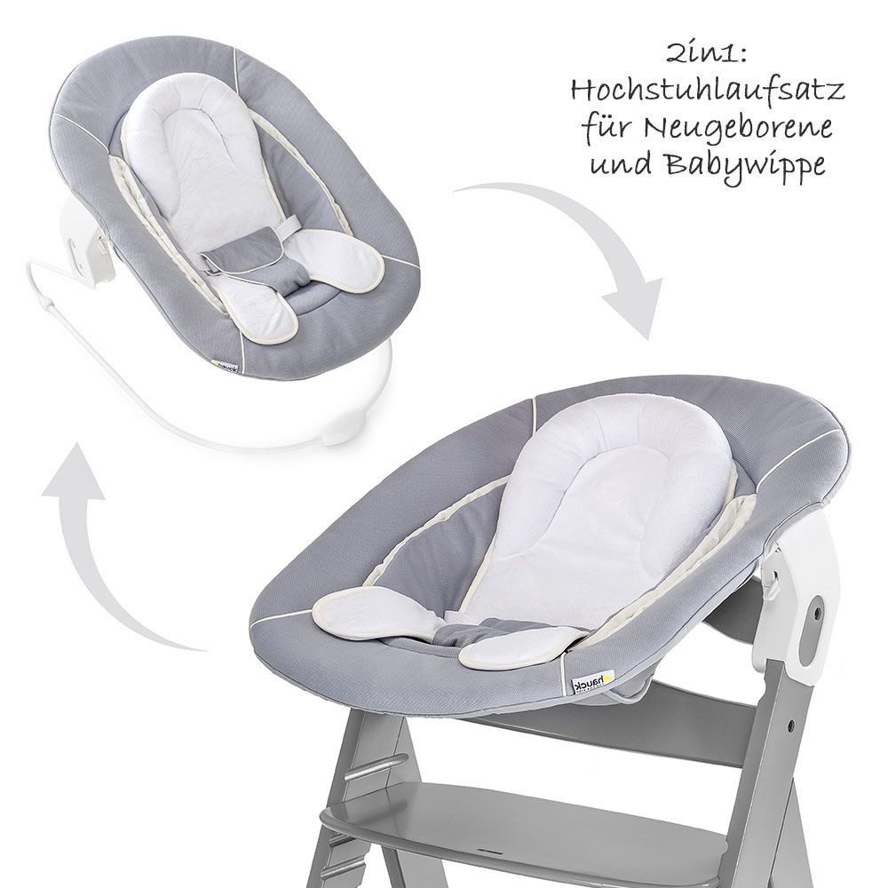 Hauck Hochstuhltablett Bouncer 2in1 - Stretch Grey, 2in1 Babywippe & Neugeborenenaufsatz für Alpha+ & Beta Hochstuhl