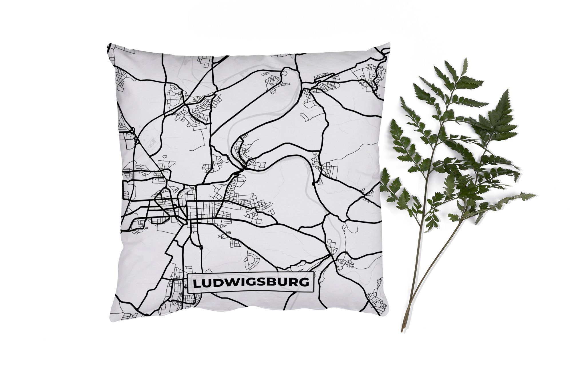 MuchoWow Dekokissen Stadtplan - Ludwigsburg - Karte, Zierkissen mit Füllung für Wohzimmer, Schlafzimmer, Deko, Sofakissen