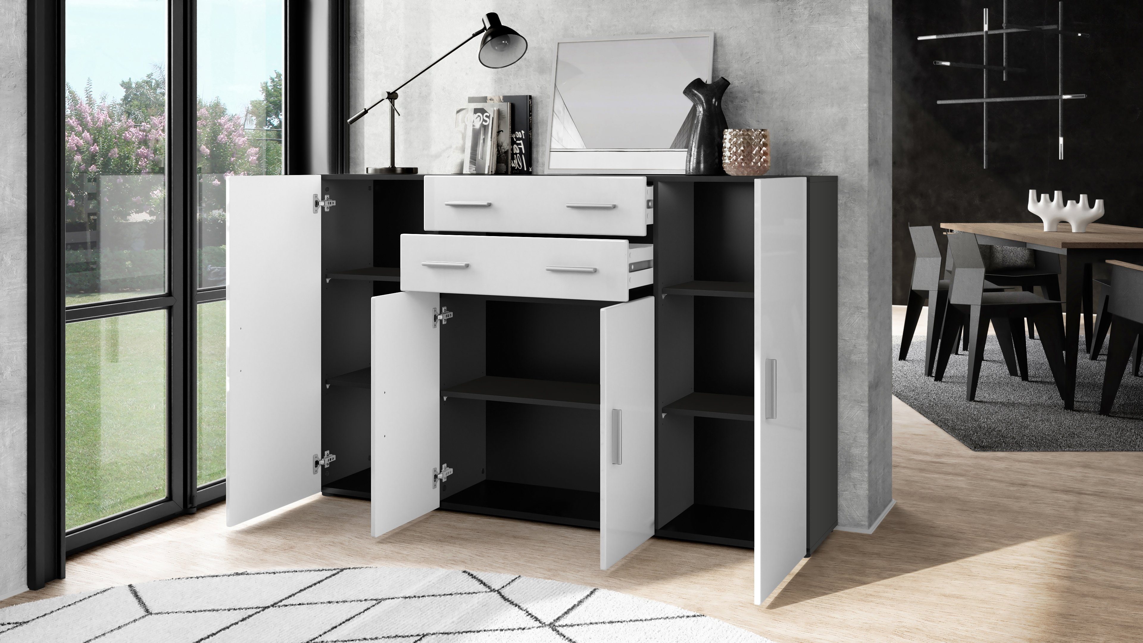 Vladon Highboard Aron (Anrichte, mit 4 Türen und 2 Schubladen), Anthrazit matt/Bordeaux Hochglanz (166,5 x 106,5 x 35 cm)