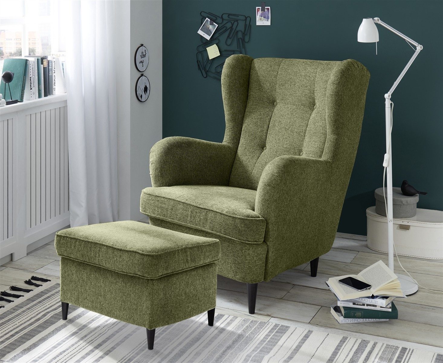 freiraum Ohrensessel OSKAR, (Sessel und Hocker) in olive - 78x102x98 (BxHxT)