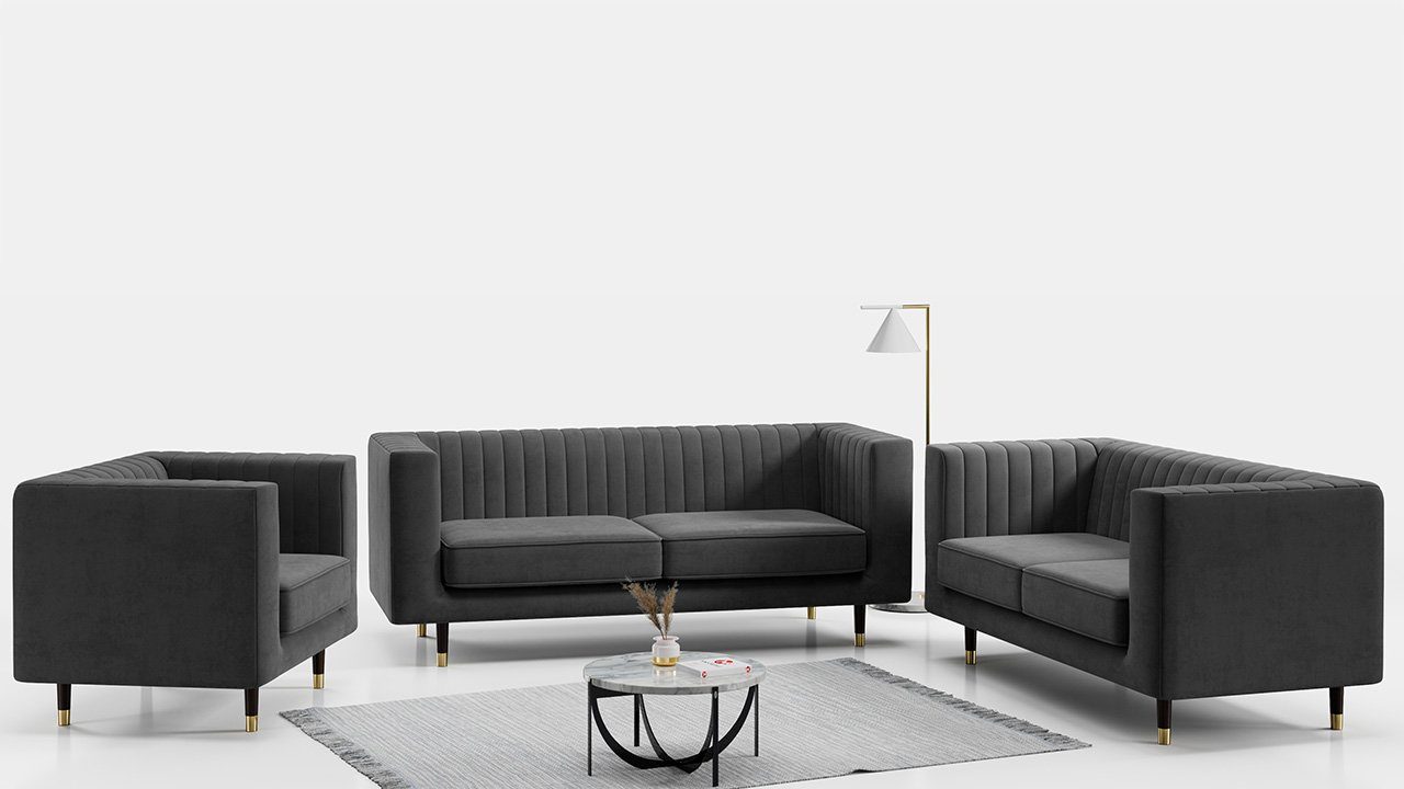 MKS MÖBEL Sofa ELMO 3 2 1, Möbelset mit hohen Beinen, im modischen Stil, Loungemöbel Dunkelgrau Paros