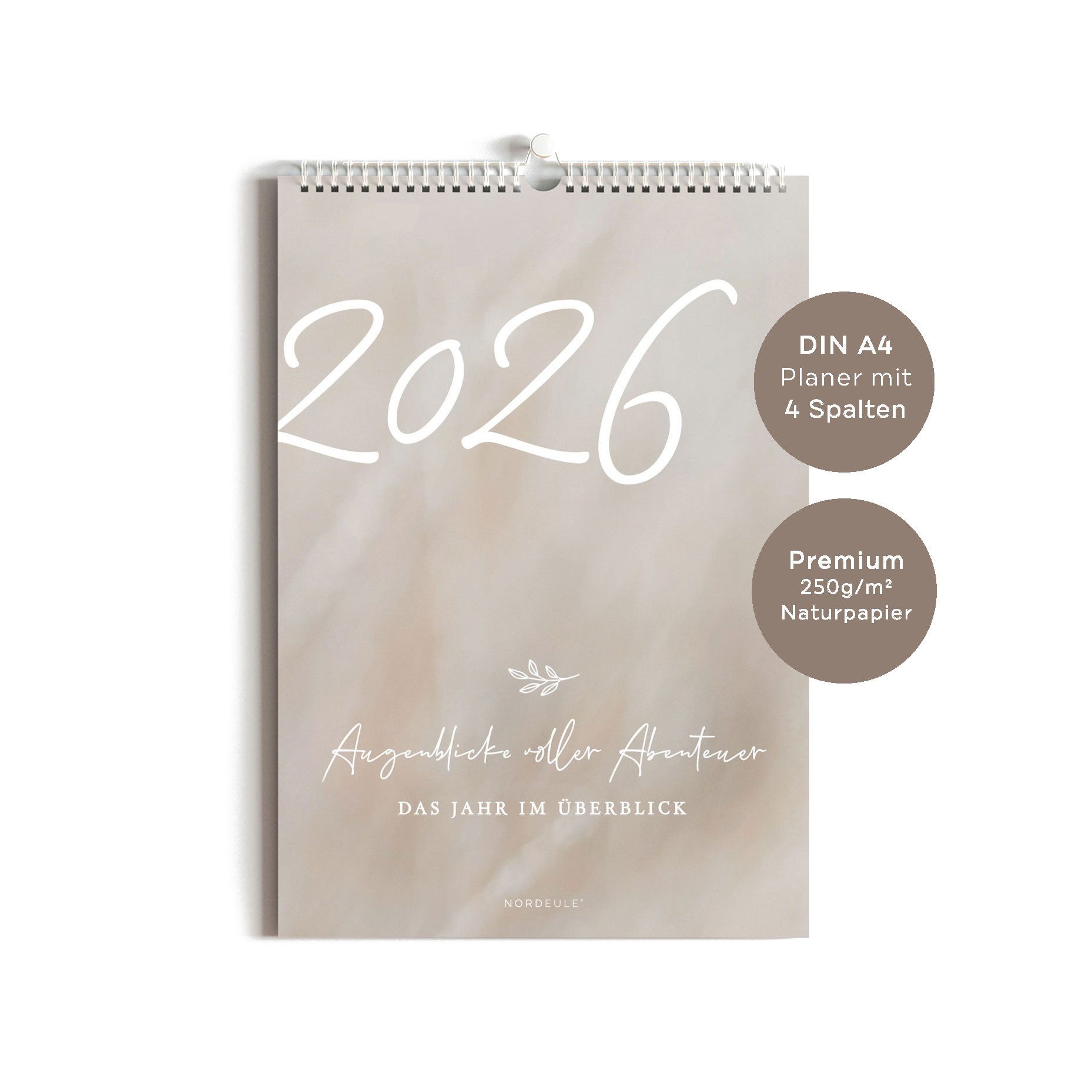 NORDEULE Familienkalender A4 Beige, Wandkalender 2026 mit 4 Spalten, ideal für Familien, Kollegen, Paare, Geburtstage oder Geschenk