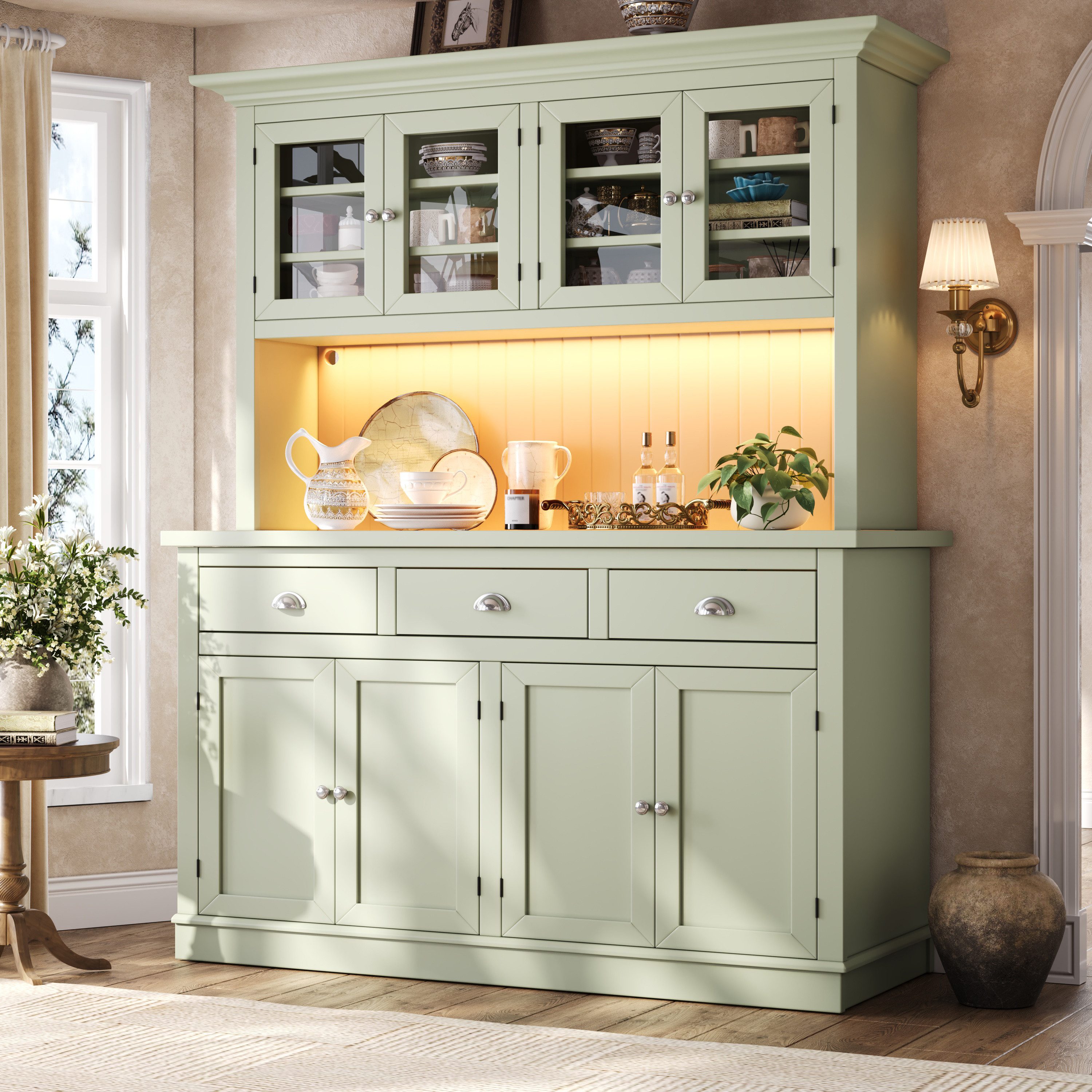 Flieks Küchenbuffet Hochschrank mit LED-Beleuchtung, 4 Glastüren, verstellbaren Böden (B140/T40/H180 cm, 1-St) Küchenschrank mit Arbeitsplatte Mehrzweckschrank Retro-Stil Grün