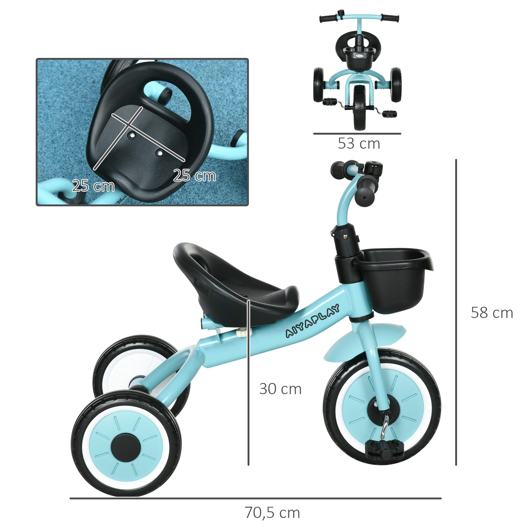 AIYAPLAY Dreirad Kinderdreirad mit Verstellbarer Sitz, Klingel, Kleinkind Dreirad, Blau 70.5 x 53 x 58 cm