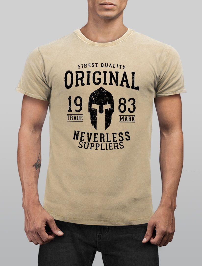 Look Aufdruck Neverless® Original T-Shirt Shirt Print-Shirt Fit Print Gladiator natur Slim Angesagtes Neverless Herren Vintage mit Used Cooles