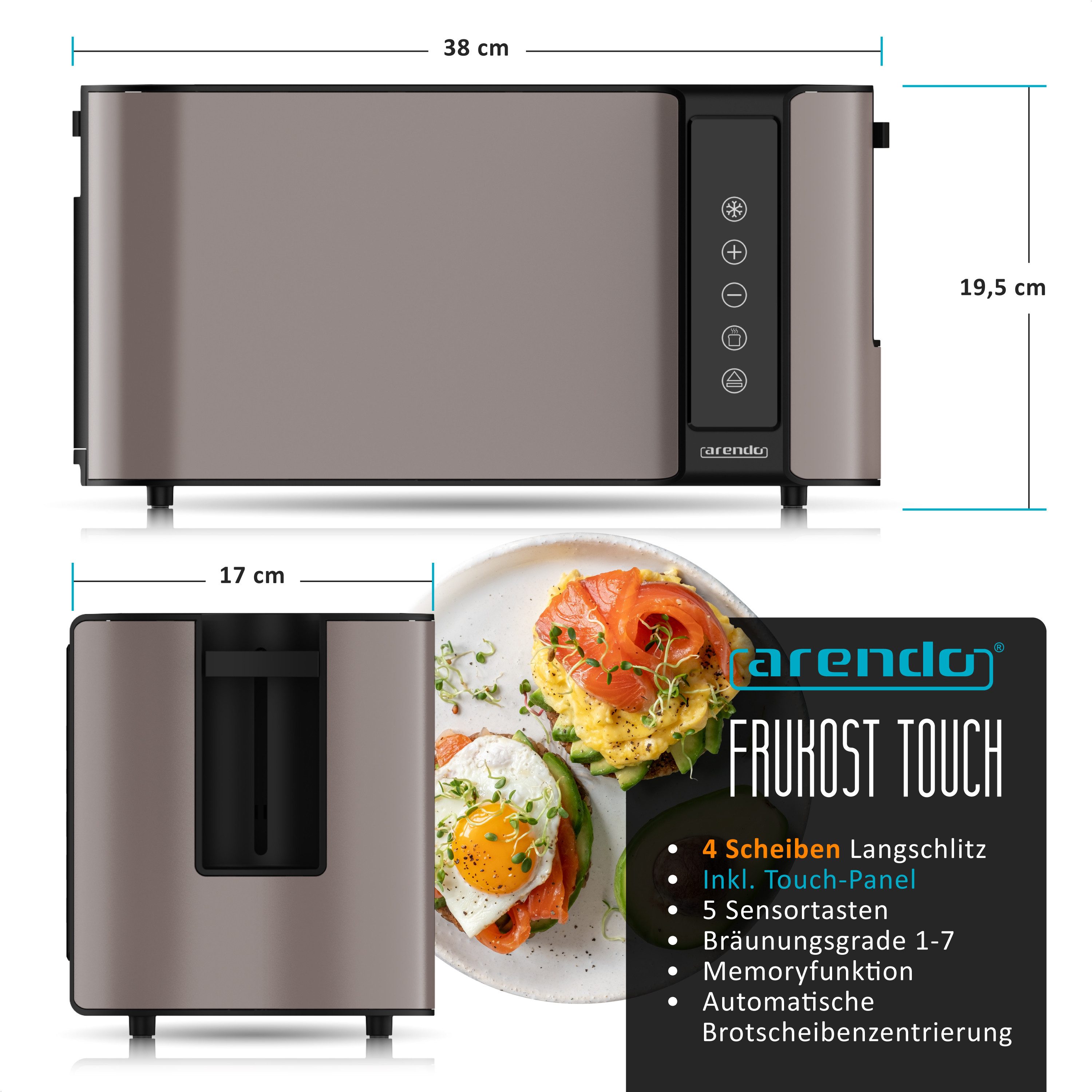Arendo Toaster Wärmeisoliertes Doppelwandgehäuse, Display mit Restzeitanzeige, 2 lange Schlitze, für 4 Scheiben, 1500 W, Langschlitz, Touchpanel, Brötchenaufsat – Bild 2 von 5