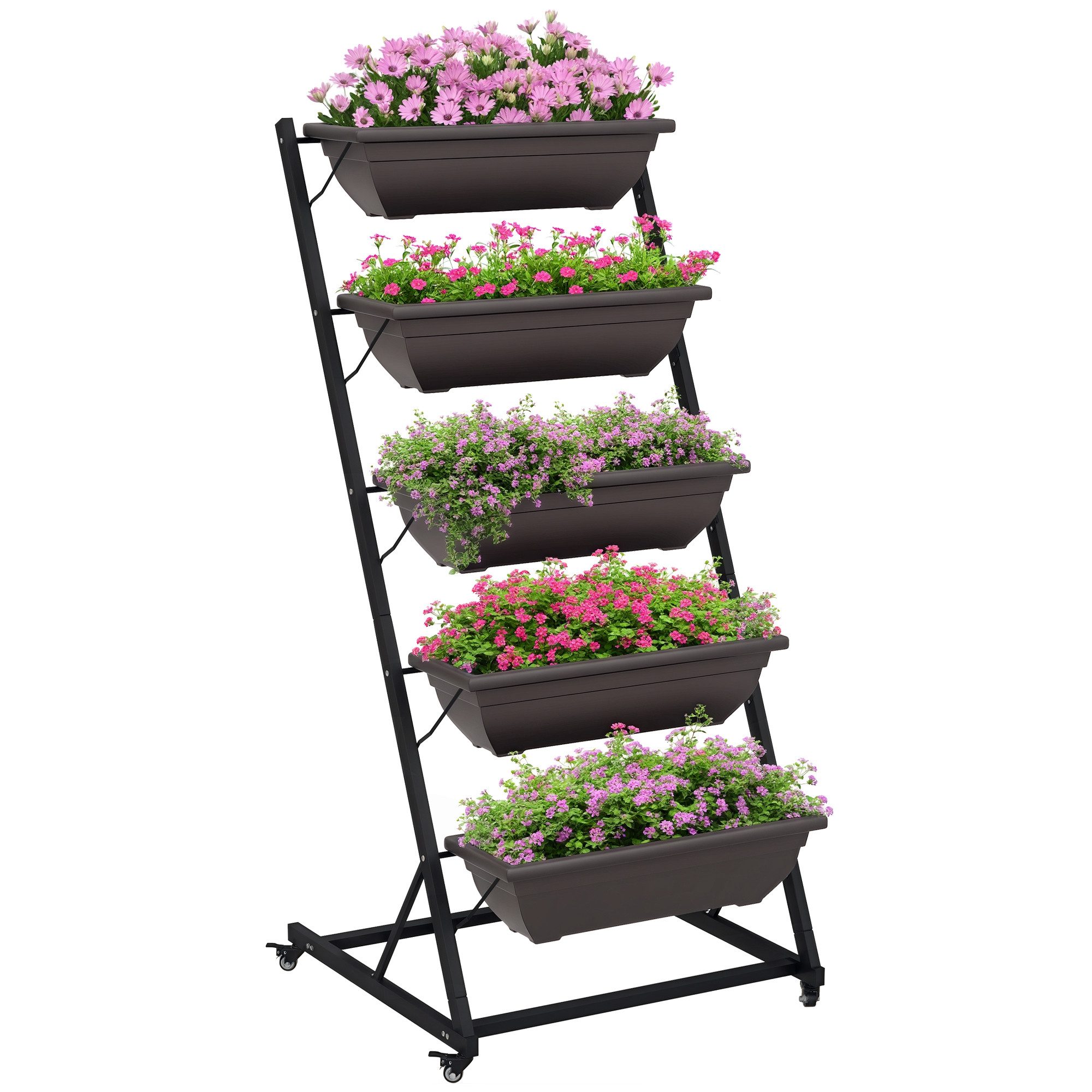Outsunny Pflanzentreppe mit Rollen Töpfe (145 cm hoch Blumenständer, 1 St., 5-Etagen Pflanzenständer), für Garten Balkon, Braun