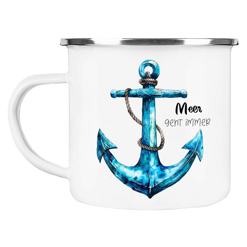 Cadouri Tasse MEER GEHT IMMER Camping Emaille Tasse, Campingtasse, Metall, Campingbecher, Kaffeetasse, Anker, maritim, Geschenk, 300 ml