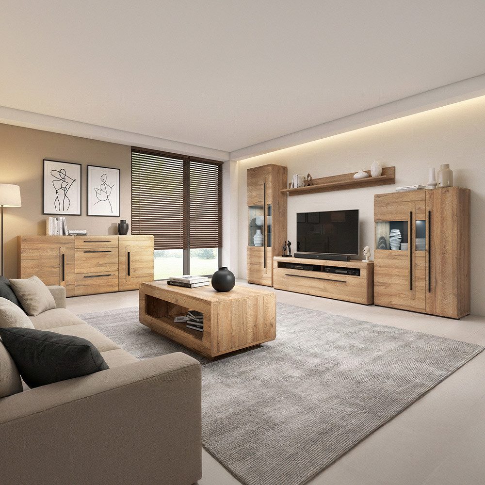 Lomadox Wohnzimmer-Set TURDA-83, (Mega-Spar-Set, 6-St., Couchtisch Highboard Lowboard Sideboard Vitrine Wandregal), Eiche Metallgriffe inkl. LED Beleuchtung Türen mit Softclose