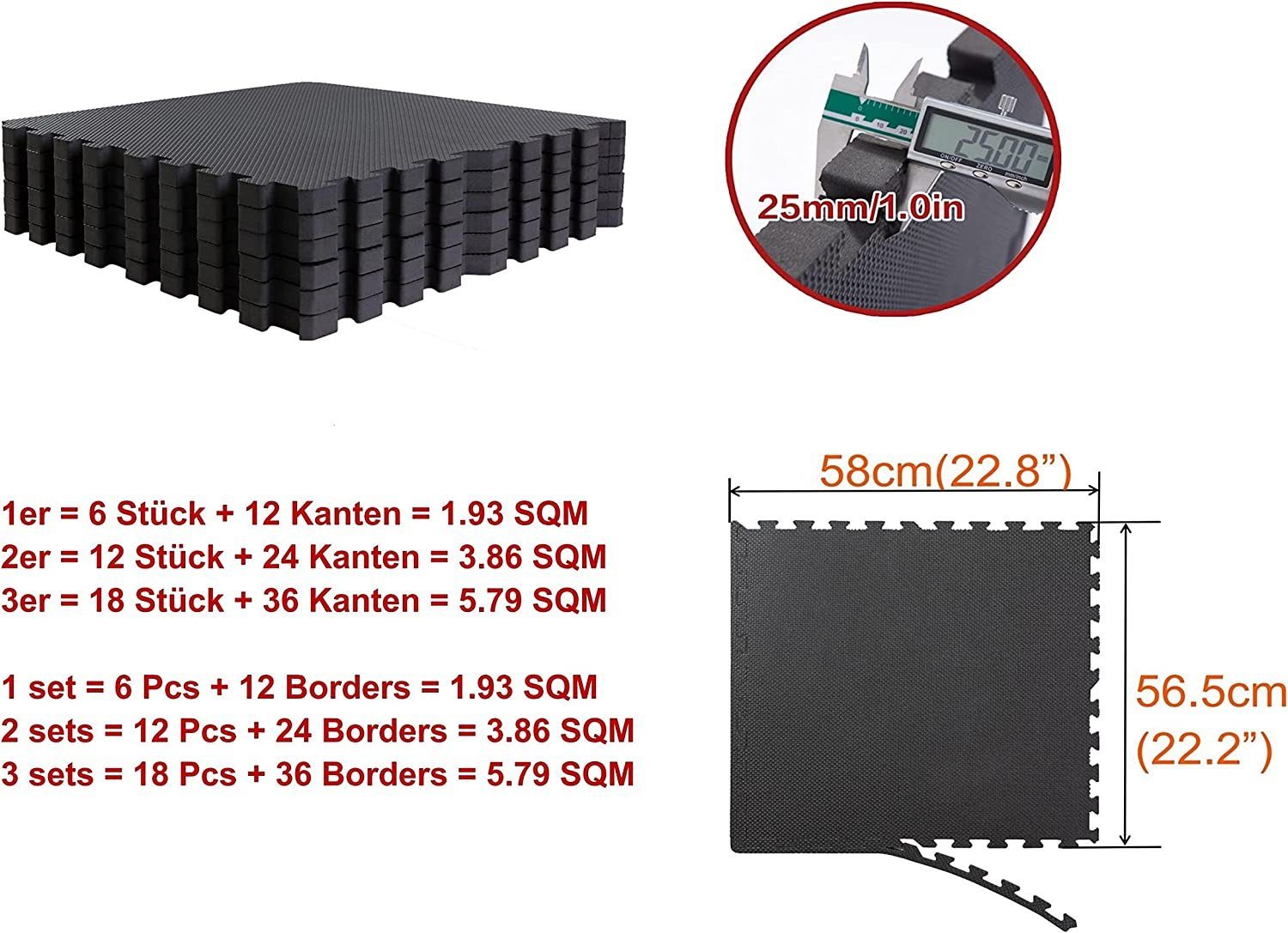 BodenMax cm, Sportmatte, schwarz,blau BodenMax 18stück=5,79m²(23.38€/m²)schwarz Bodenturnmatte grau und 58x58x2.5