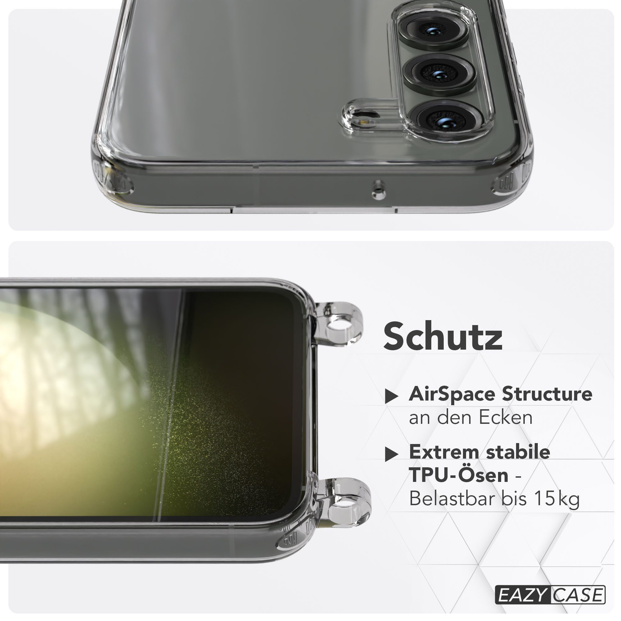 EAZY CASE Handykette Handyhülle für Handyketten mit Befestigungsösen für Samsung Modelle 6,1 Zoll, Hülle für Handykette, Transparent mit Ösen für Samsung Galaxy S23