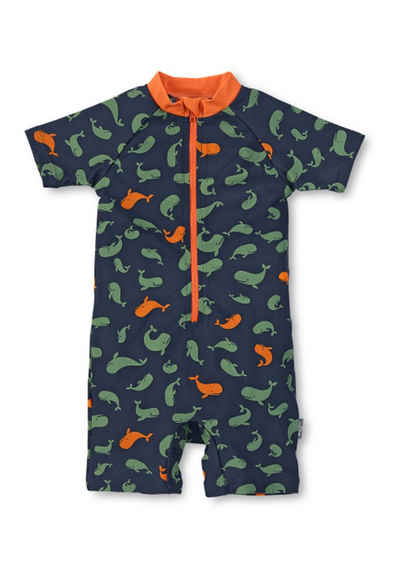 Sterntaler® Badeanzug Schwimmanzug Wale Kinderbadeanzug - Schwimmanzug Jungen mit Windeleinsatz bis Größe 86/92 - Baby Badebekleidung - Badeoverall Baby in Marine mit Allover-Print Wale und kurzem Arm, UV-Schutz 50+