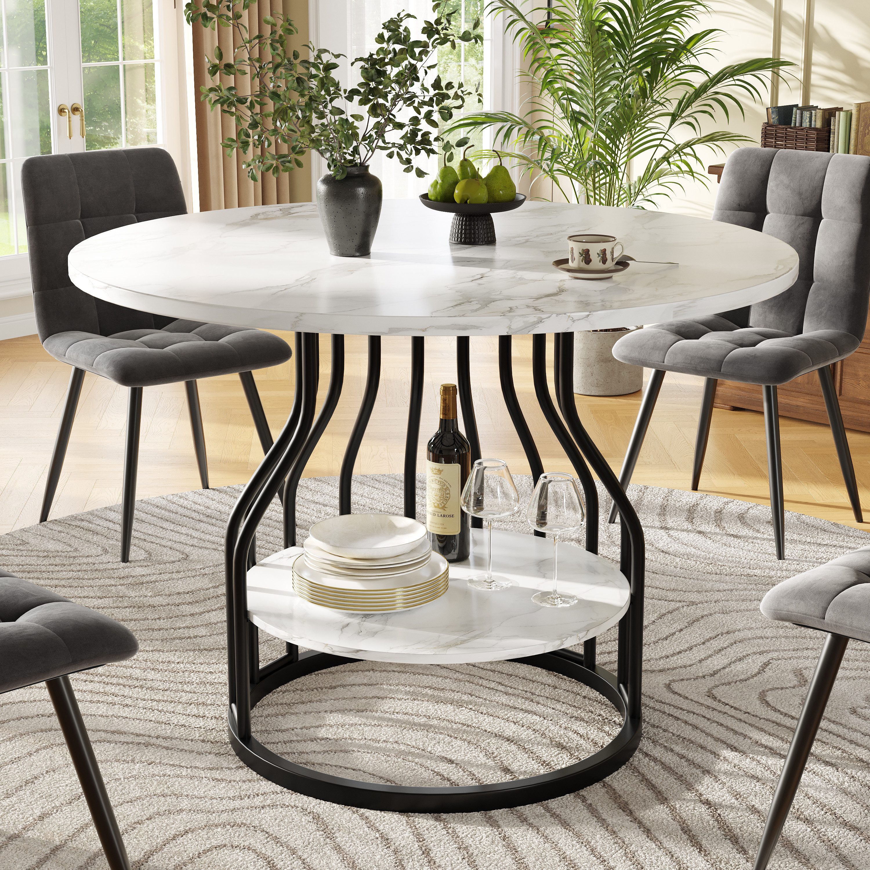 KLAM HOME Esstisch Runder Esstisch (80×80×76cm), Küchen-Esstisch, runder Couchtisch (Kleine runde Platte in der Mitte zur Aufbewahrung), MDF-Marmor-Tischplatte, – Bild 3 von 5