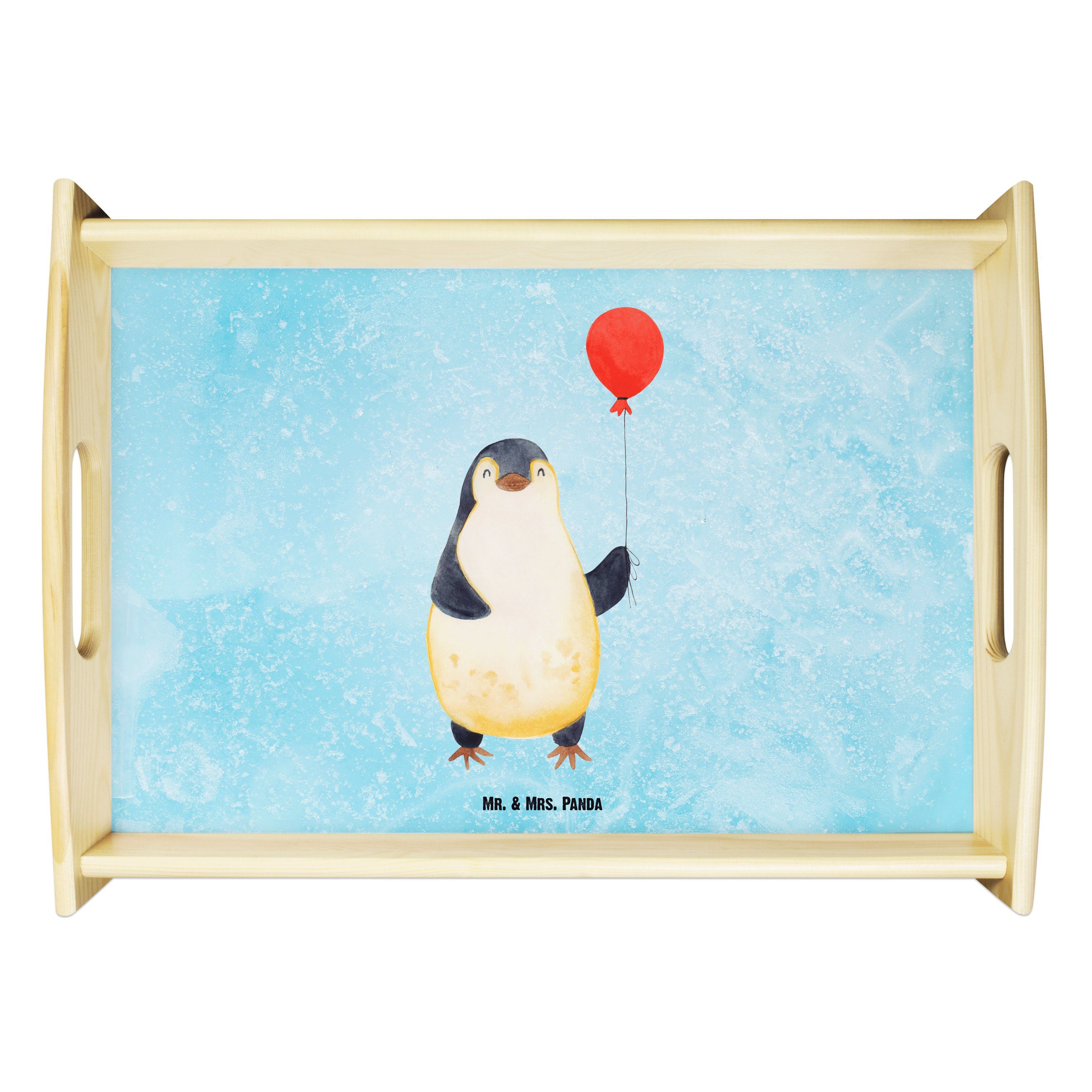 Mr. & Mrs. Panda Tablett Pinguin Luftballon - Eisblau - Geschenk, Geschenkidee, Tablett, Frühs, Echtholz lasiert, (1-tlg)