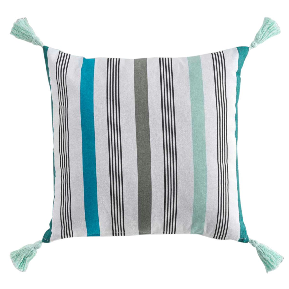 Macosa Home Dekokissen Kissen Baumwolle Weiß Blau Grün Gestreift vers. Größen, Quasten Baumwolle mit Reißverschluss inkl. Füllung