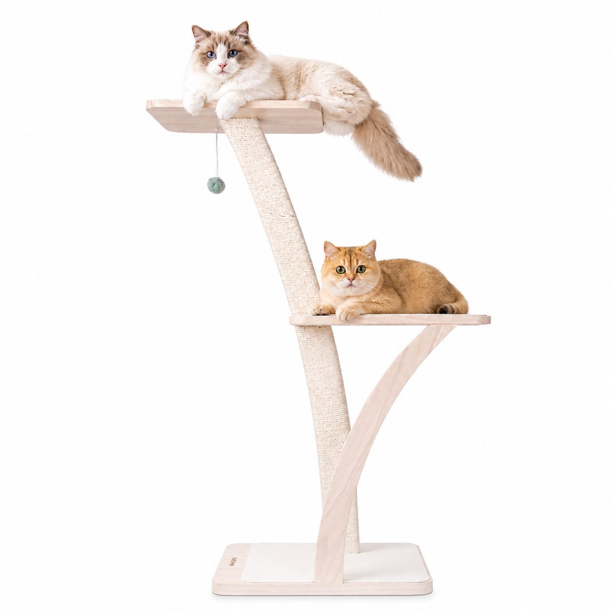 PetRhein Kratzbaum stilvoller Katzenbaum Coconut aus robustem Massivholz mit Plüschbällen, 2 Plattformen, Kletterbaum, Katzenmöbel mit Sisal, mit Spielzeug