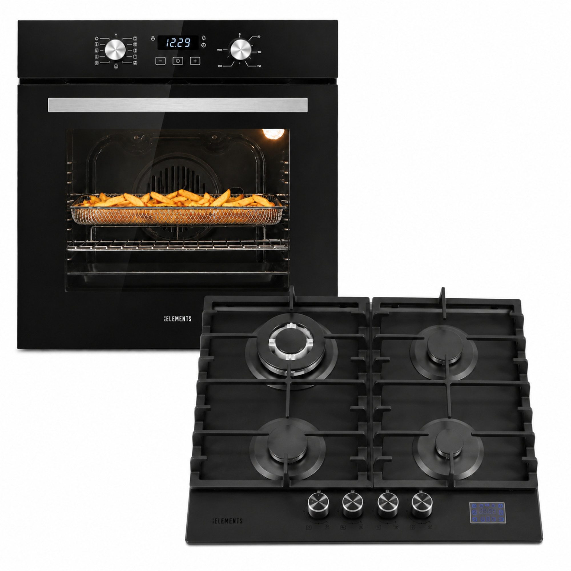 KB Elements Backofen-Set Einbaubackofen 60 cm mit Gaskochfeld 4 Flammig, Air Fry Funktion, Steam Clean, 4-Flammen-Gaskochfeld
