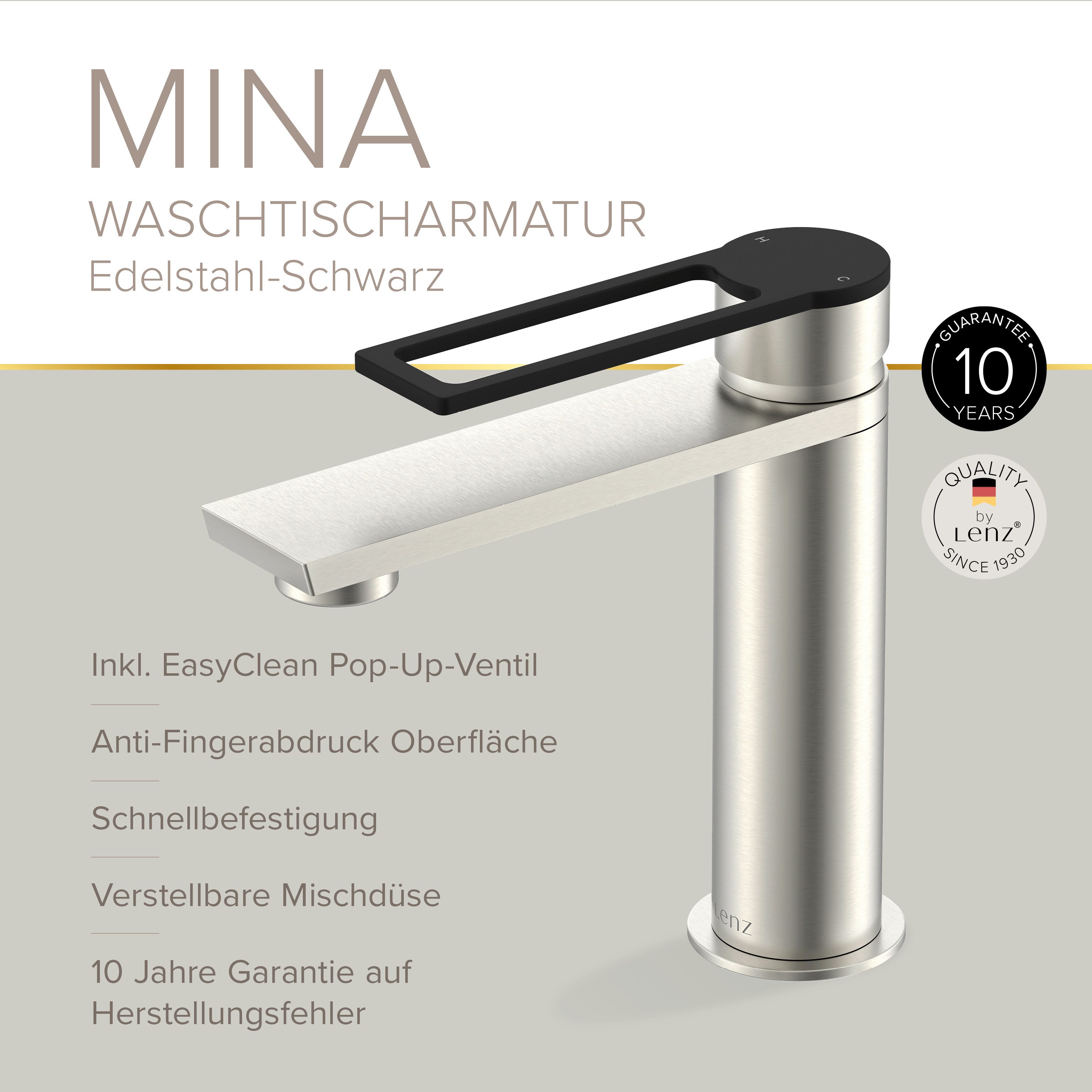 Lenz Waschtischarmatur MINA schwenkbare Mischdüse, Easy-Clean-Pop-Up-Ventil, Anti-Fingerabdruck