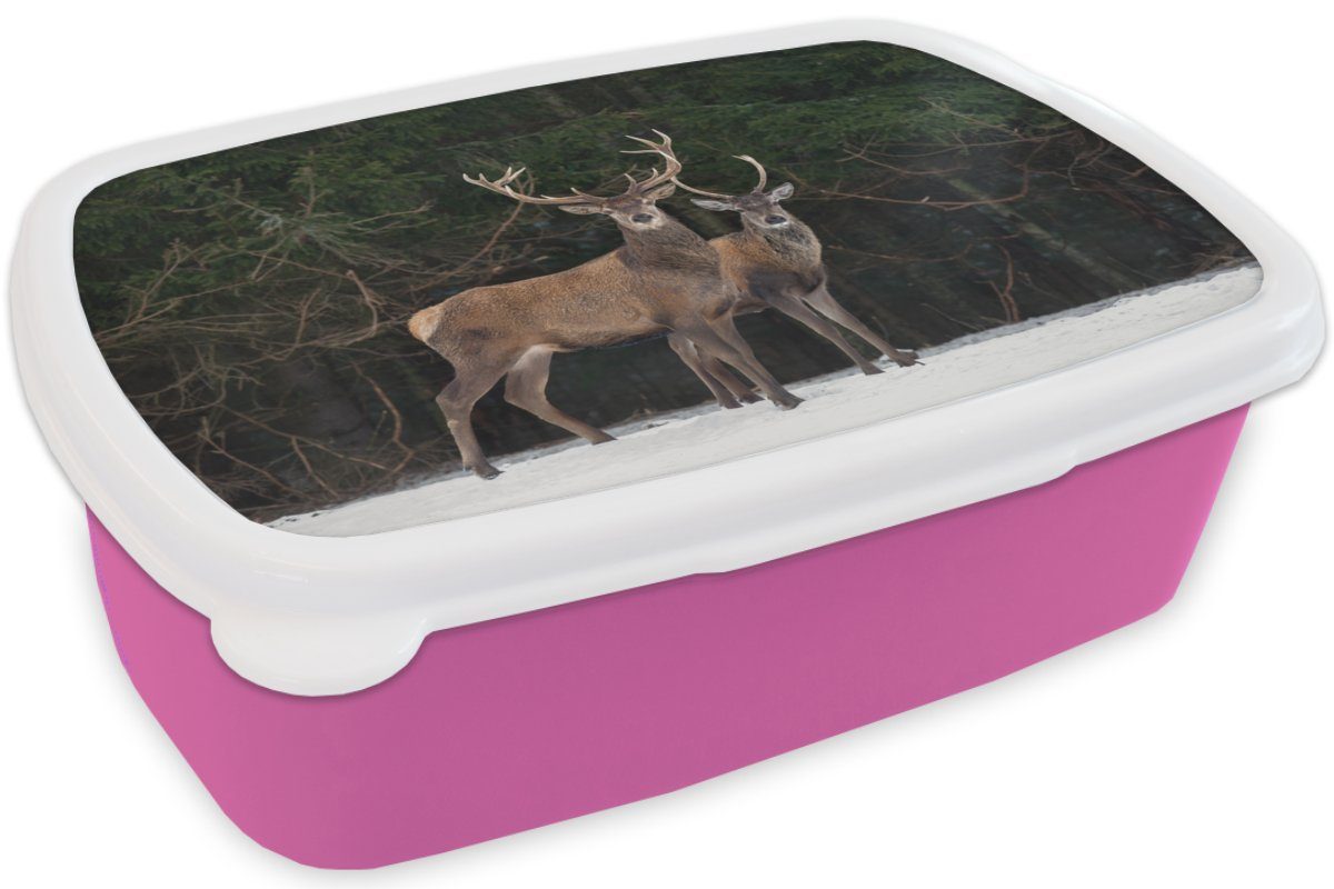 - MuchoWow Lunchbox Rotwild - Brotbox Kunststoff (2-tlg), Wald, rosa Mädchen, Kinder, Brotdose Kunststoff, Snackbox, Erwachsene, für Schnee