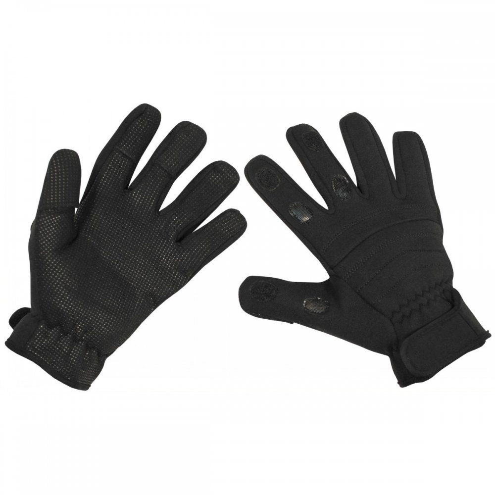 MFH Neoprenhandschuhe Fingerhandschuhe, Combat, zurück- schwarz - Neopren, Mittelfinger Daumen, und Zeige- klappbar M