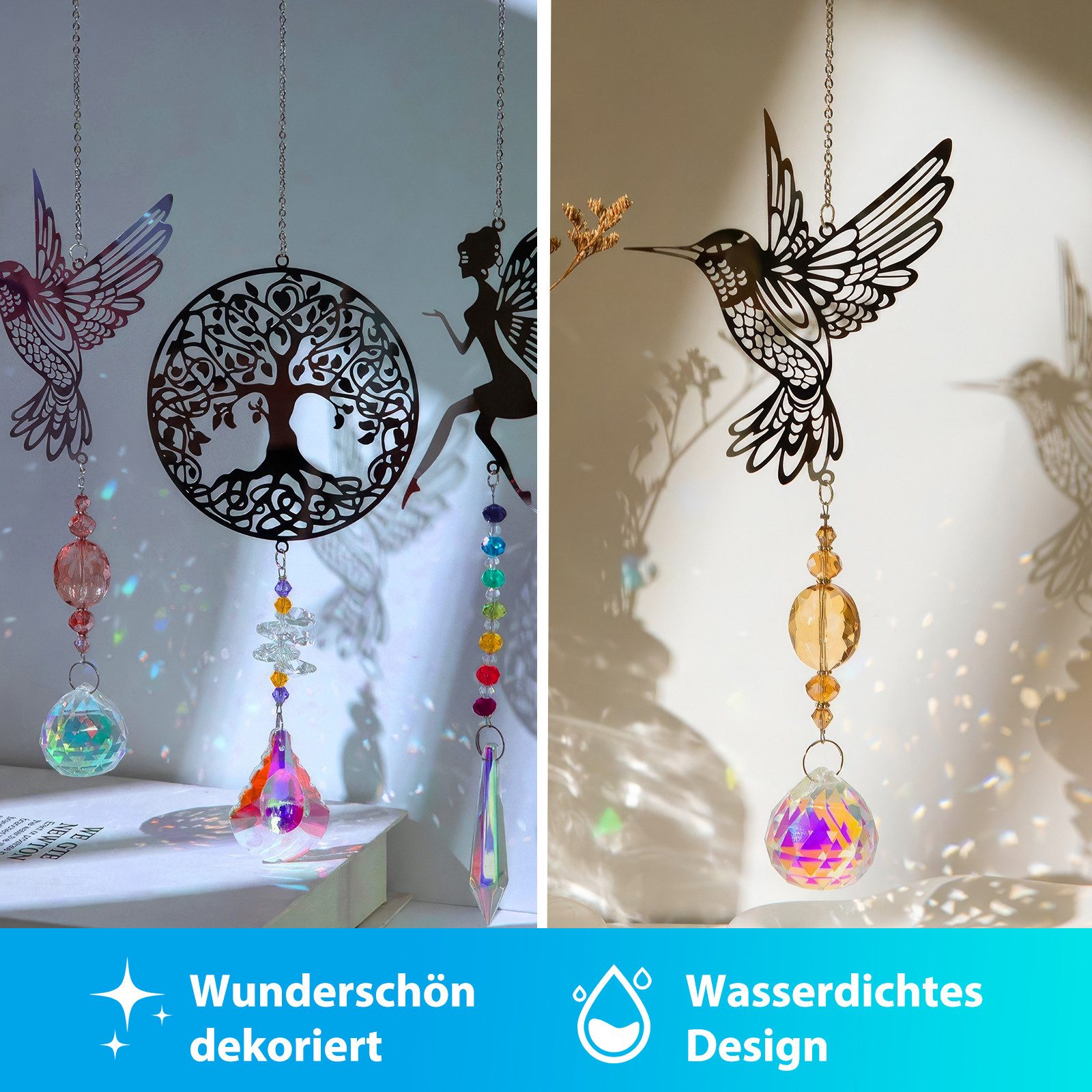 BlingBin Fensterdekoration Sonnenfänger Kristall Windspiele Kristall Fensterdeko, 5 Stück Baum Eulen Kolibri Schmetterling Fee Anhänger – Bild 5 von 5