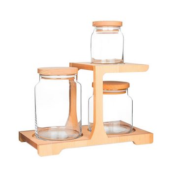 Dekonaz Einmachglas Set mit 3 Gläsern, Holzständer, Buche, Glass, Holz