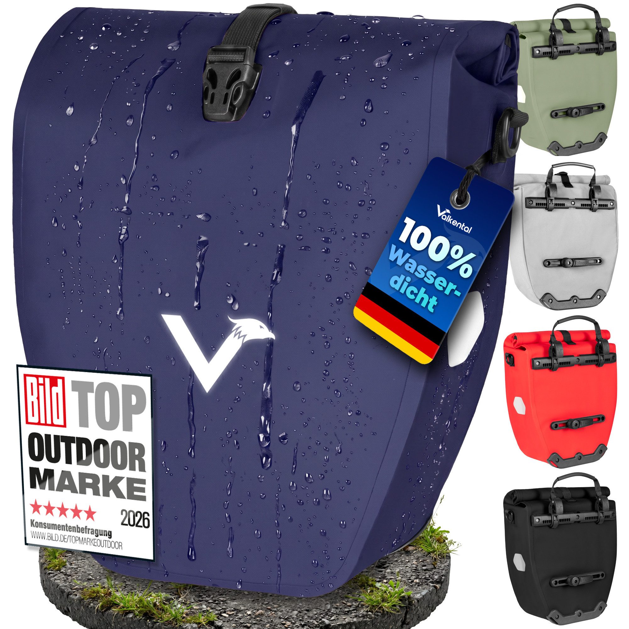 Valkental Fahrradtasche Gepäckträger wasserdicht & abschließbar, Gepäckträgertasche Fahrrad mit Großen Reflektoren 20L, 28L, 32L