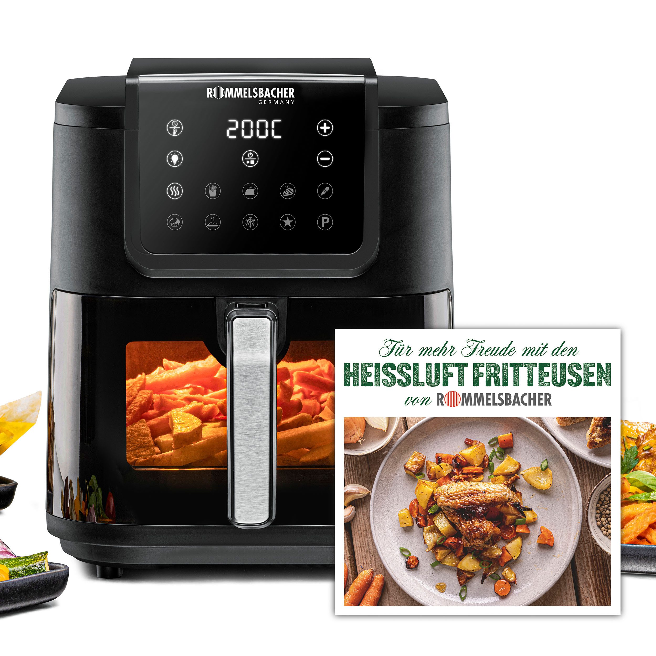 Rommelsbacher Heißluftfritteuse FRH 1700, 1700 W, XXL Frittier-/Backkorb mit 8 l Volumen, für bis zu 1000 g Pommes