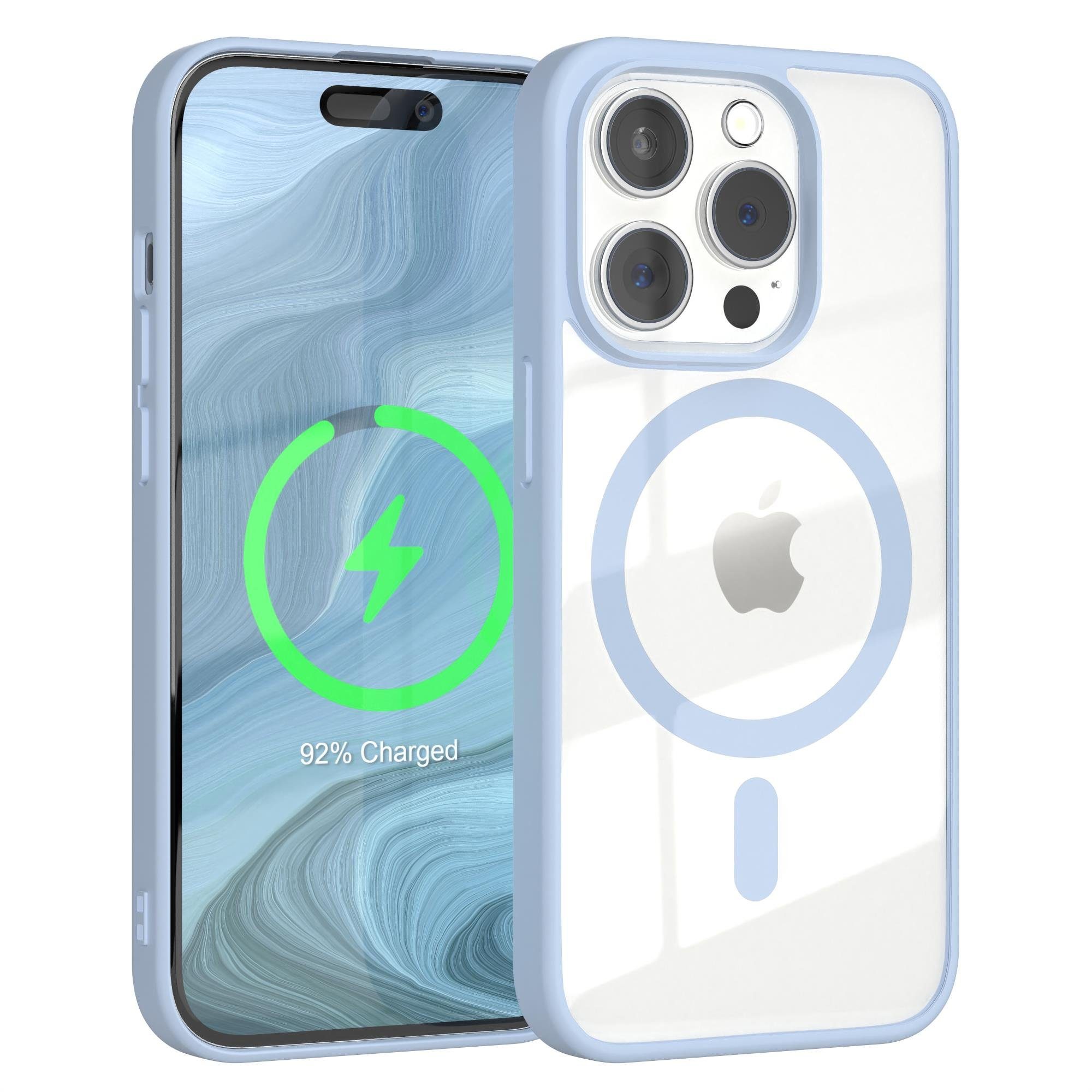 EAZY CASE Handyhülle Transparente Hülle mit MagSafe für iPhone 15 Pro 6,1 Zoll, Softcase, Schutzhülle mit Displayschutz, stoßfest, kratzfest, Hellblau