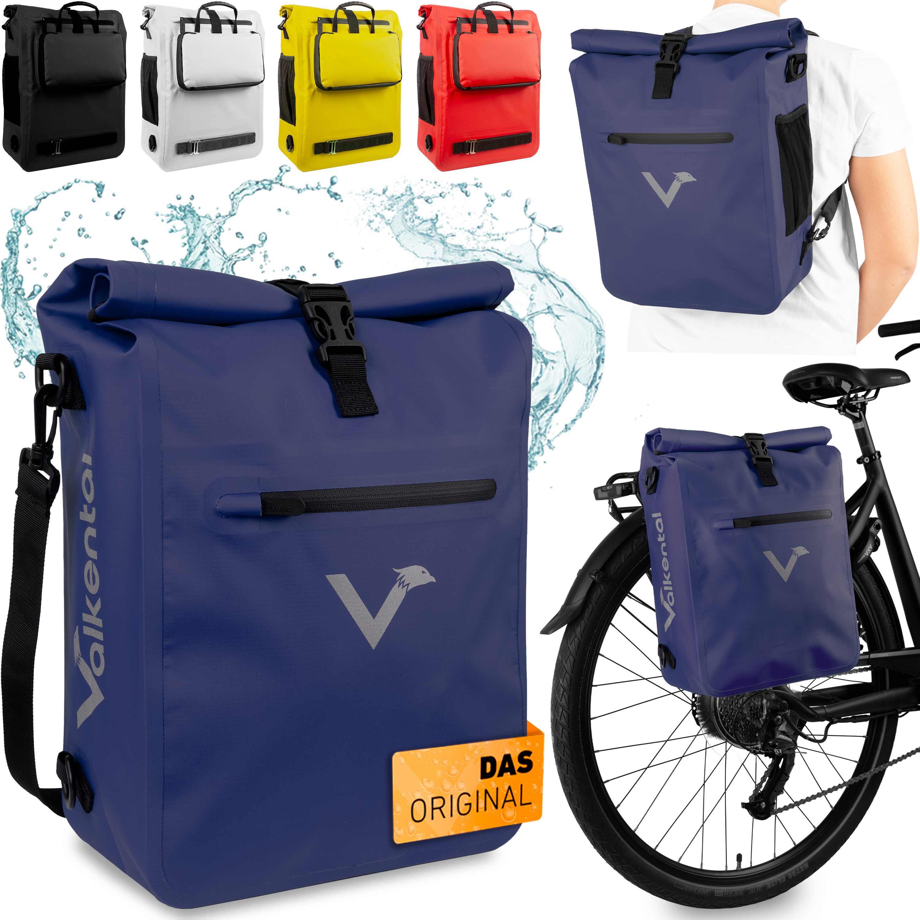 Valkental Fahrradtasche Gepäckträgertasche, Rucksack und Umhängetasche, 3in1 - wasserdicht & reflektierend 25 L