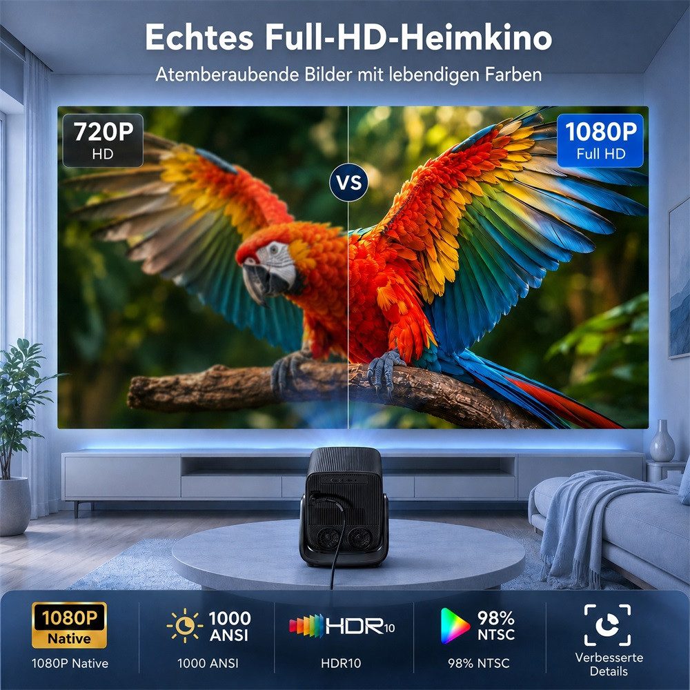 XGODY Beamer 4K Heimkino 1000 ANSI, kompatibel mit Netflix (Autofokus) UHD-Beamer (1000 lm, 15000:1, 3840 x2160(1000 ANSI) px, 150-Zoll-Display beamer mit leinwand, beamer deckenhalterung) schwarz