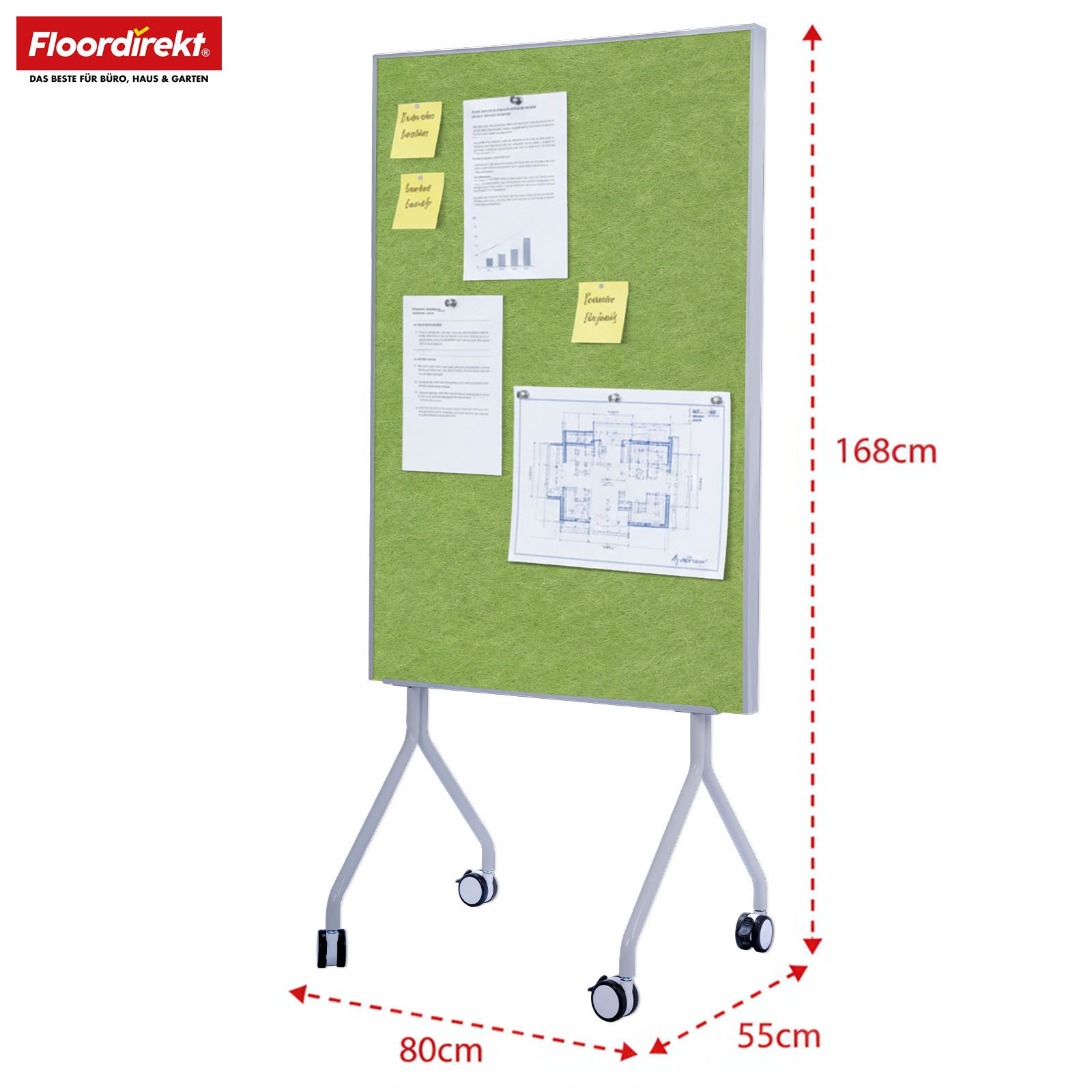 Floordirekt Memoboard Giant, Mobile Präsentationstafel 80 × 120 cm mit feststellbaren Rollen, (leichter & stabiler Metallrahmen, 1-tlg., verschiedene Farben), beidseitige Filztafel mit Ablage für Büro, Schule, Meeting, Workshop