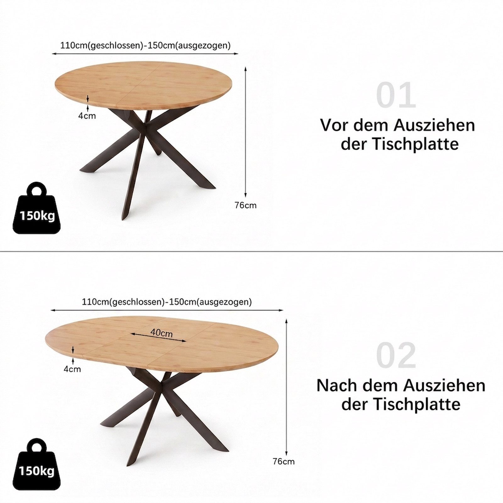 Jiexi Esstisch Esstisch, Ausziehbarer Tisch (110–150 cm), Tischplatte aus MDF