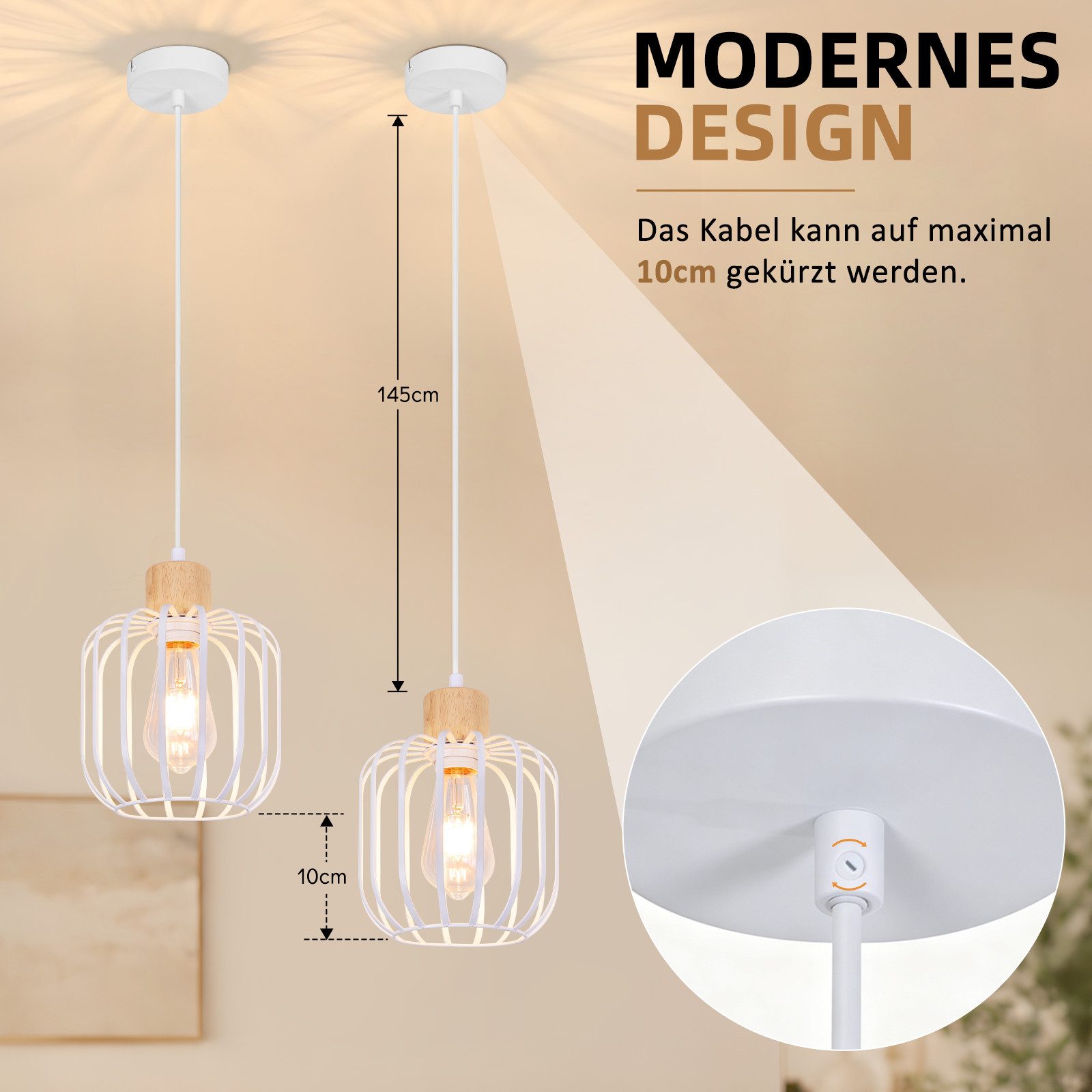 Nettlife Pendelleuchte Weiß/grau 1/3flammig Holz moderne Hängelampe E27 Fassung, ohne Leuchtmittel, für Esstisch Wohnzimmer Küche Flur Kücheninsel – Bild 5 von 5