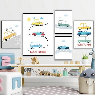 TPFLiving Kunstdruck (OHNE RAHMEN) Poster - Leinwand - Wandbild, Autos für Kinderzimmer - (Mädchenzimmer, Babyzimmer, Jungenzimmer, Kindergarten), Farben: Pastel, gelb, grün, blau - Größe: 10x15cm