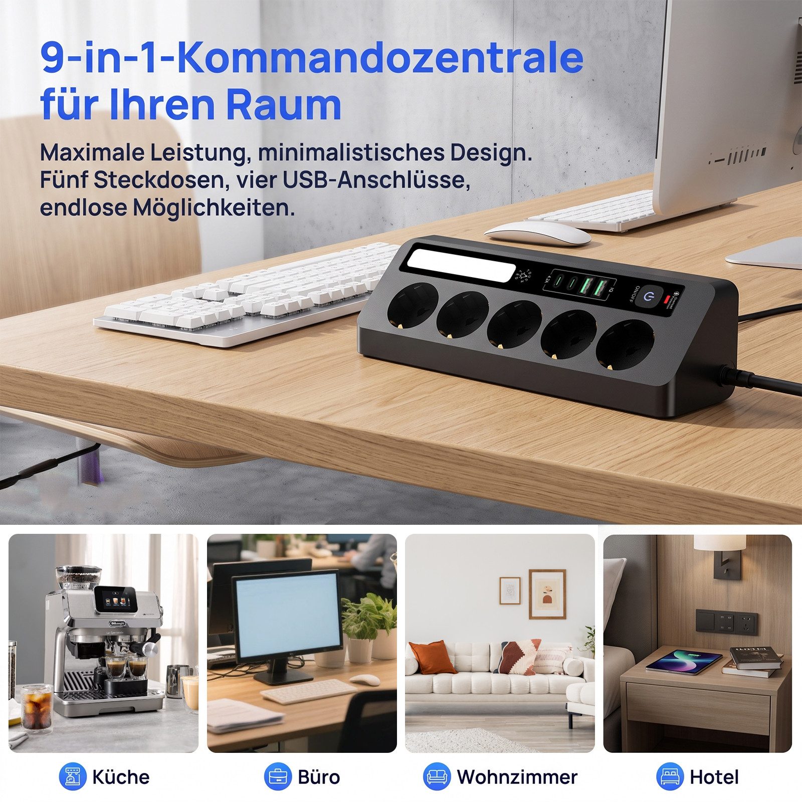 AKKEE Tischsteckdosenleiste mit 5 Steckdosen, LED-Lichtleiste Mehrfachsteckdose (LED), 2 USB-A-Anschlüssen und 2 USB-C-Anschlüssen Dreieckiges Design 90°