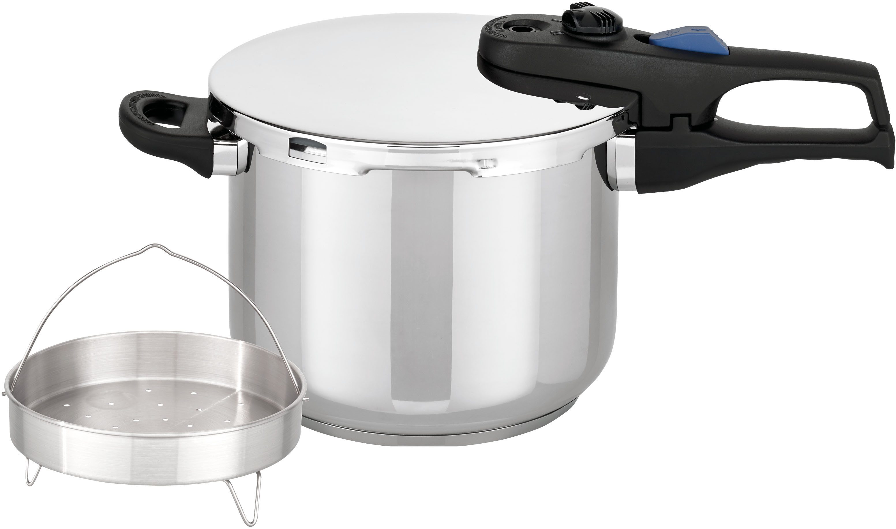 Elo Schnellkochtopf Praktika Plus 6l mit Dünsteinsatz, Edelstahl 18/10, Edelstahl 18/8 (Set, 3-tlg), zylindrische Form mit Spezialabgießrand