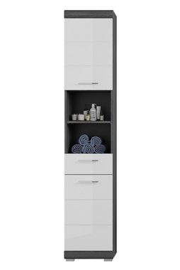 xonox.home Hochschrank SCOUT, B 37 x H 191 cm, Rauchsilber grau Dekor, Weiß Hochglanz, mit 2 Türen, 1 Schublade und 2 Ablagefächern