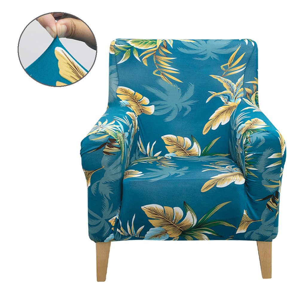 Rosnek Sofahusse Sofabezug 1 Sitzer Sesselhusse Sofaüberzug Elastisch Universal, Rutschfest Gummiband Spandex Blume-Blatt-Muster Blau