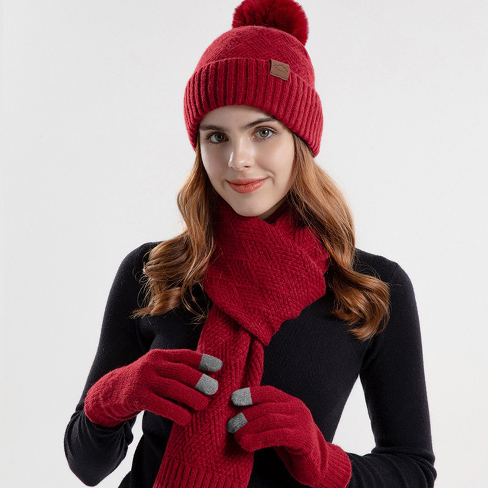 Warme Rot Set, Winter Damen Handschuhe,Damen Rutaqian Schal Strickmütze 1 In Strickmütze 3