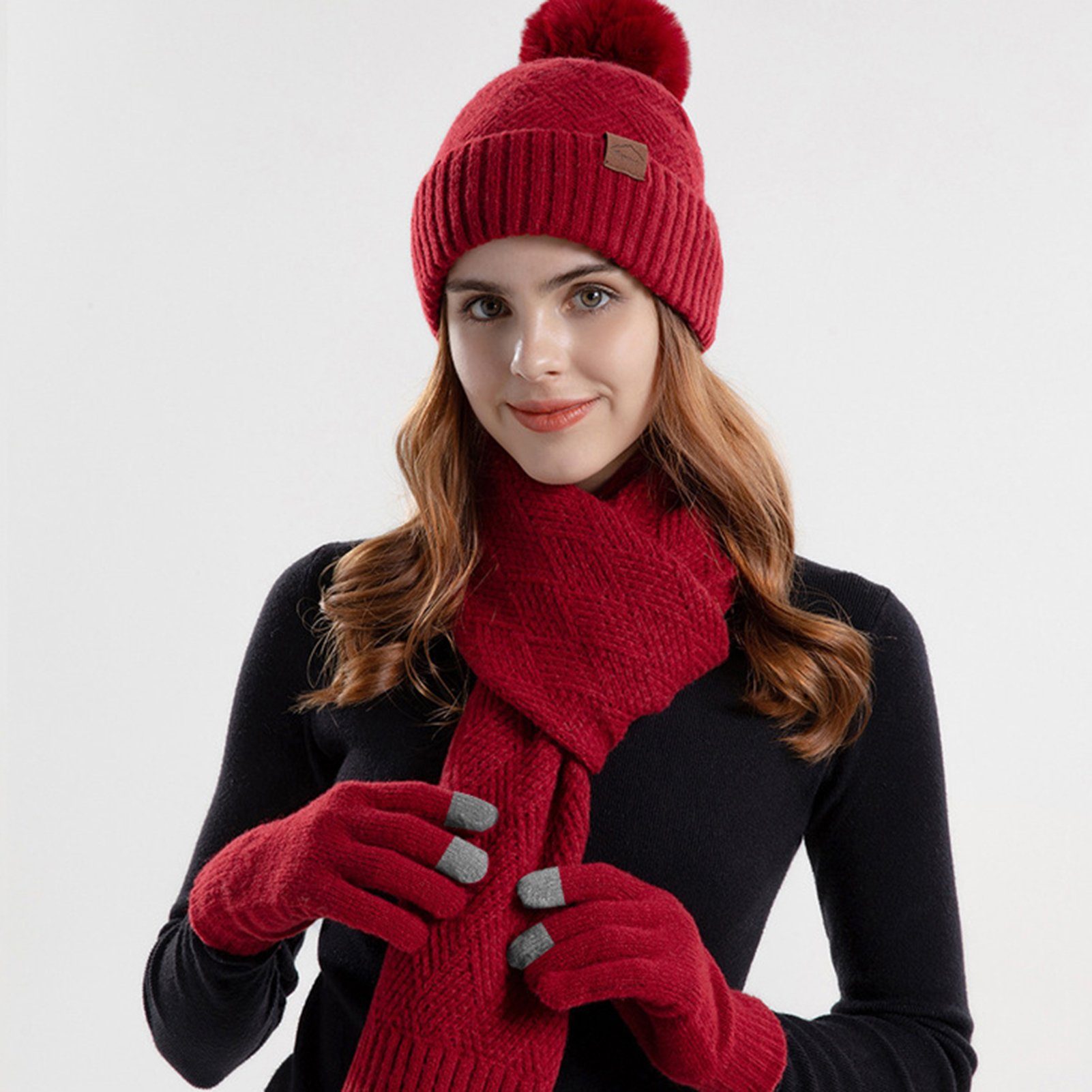 Rutaqian Strickmütze 3 In 1 Damen Winter Set, Schal Handschuhe,Damen Warme  Strickmütze