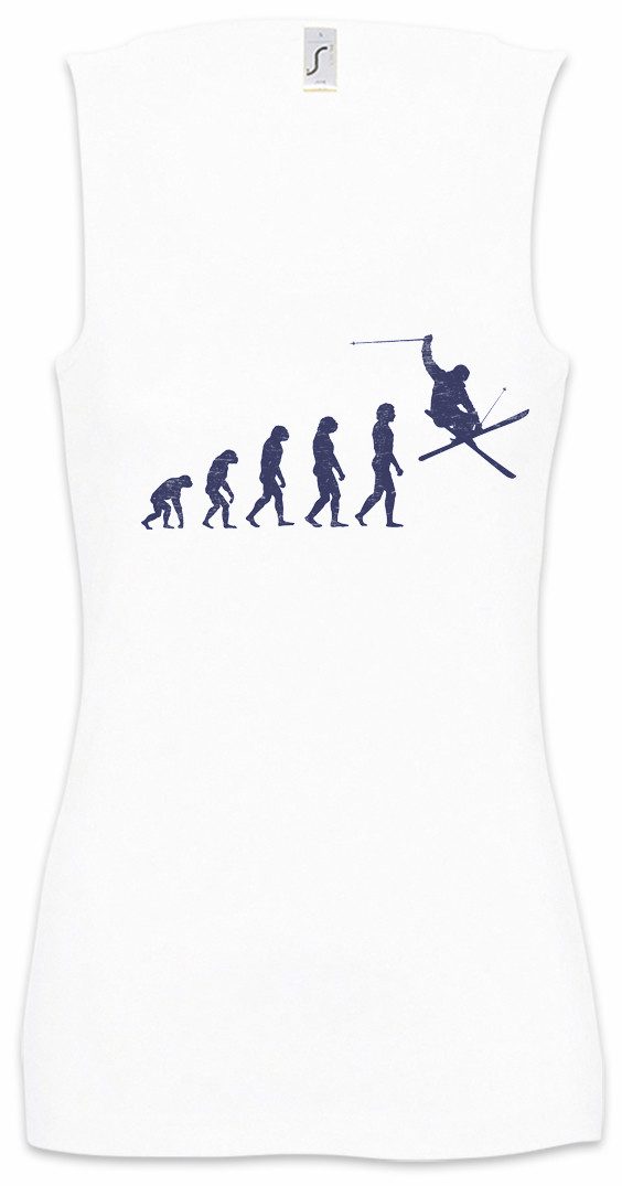 Urban Backwoods Tanktop Skier Evolution Ärmelloses Damen T-Shirt Ski Fahrhen Skiing Aprés Alpin Piste Fahrer Snow