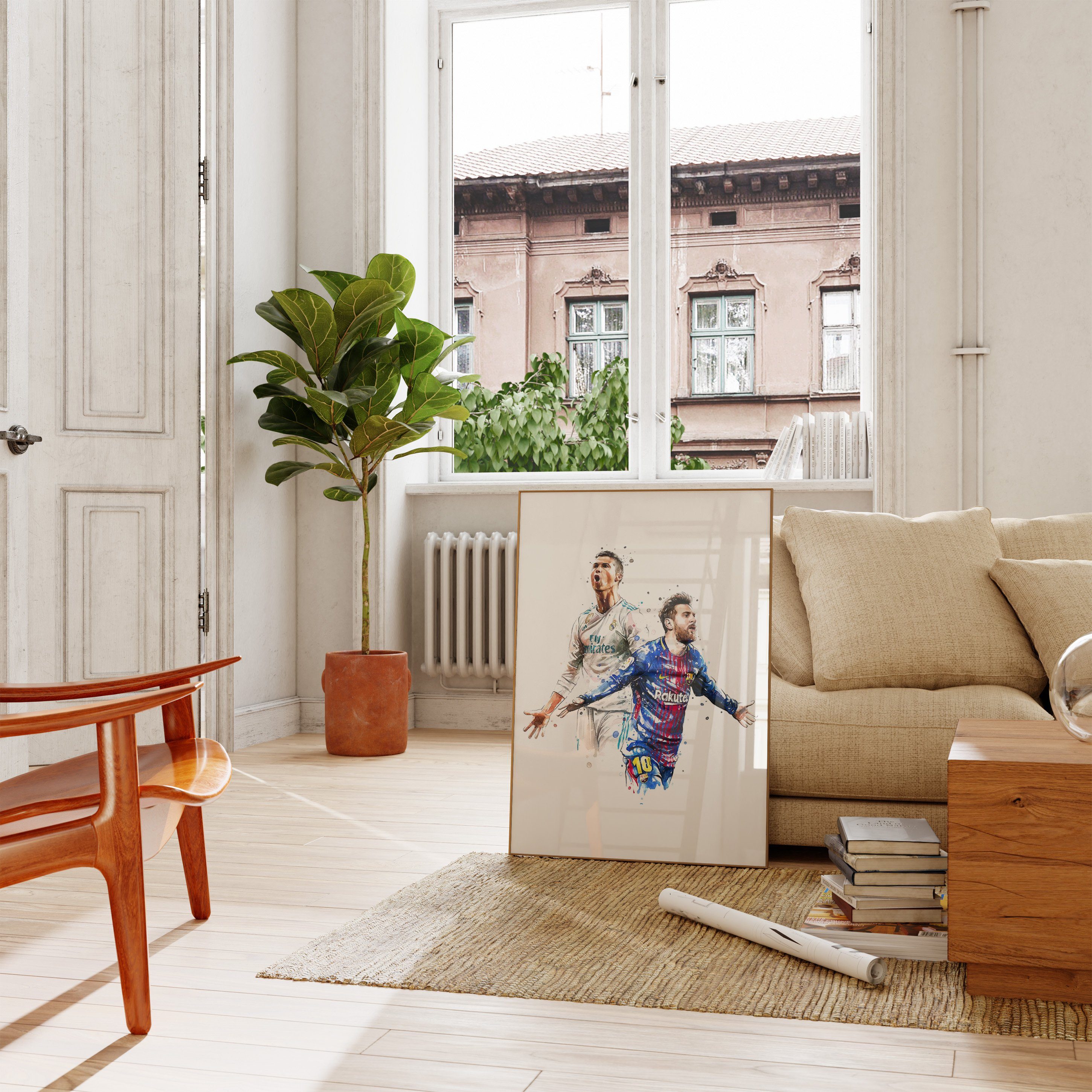 JUSTGOODMOOD Poster Premium ® Ronaldo Messi Fußball Poster · Wasserfarben · ohne Rahmen