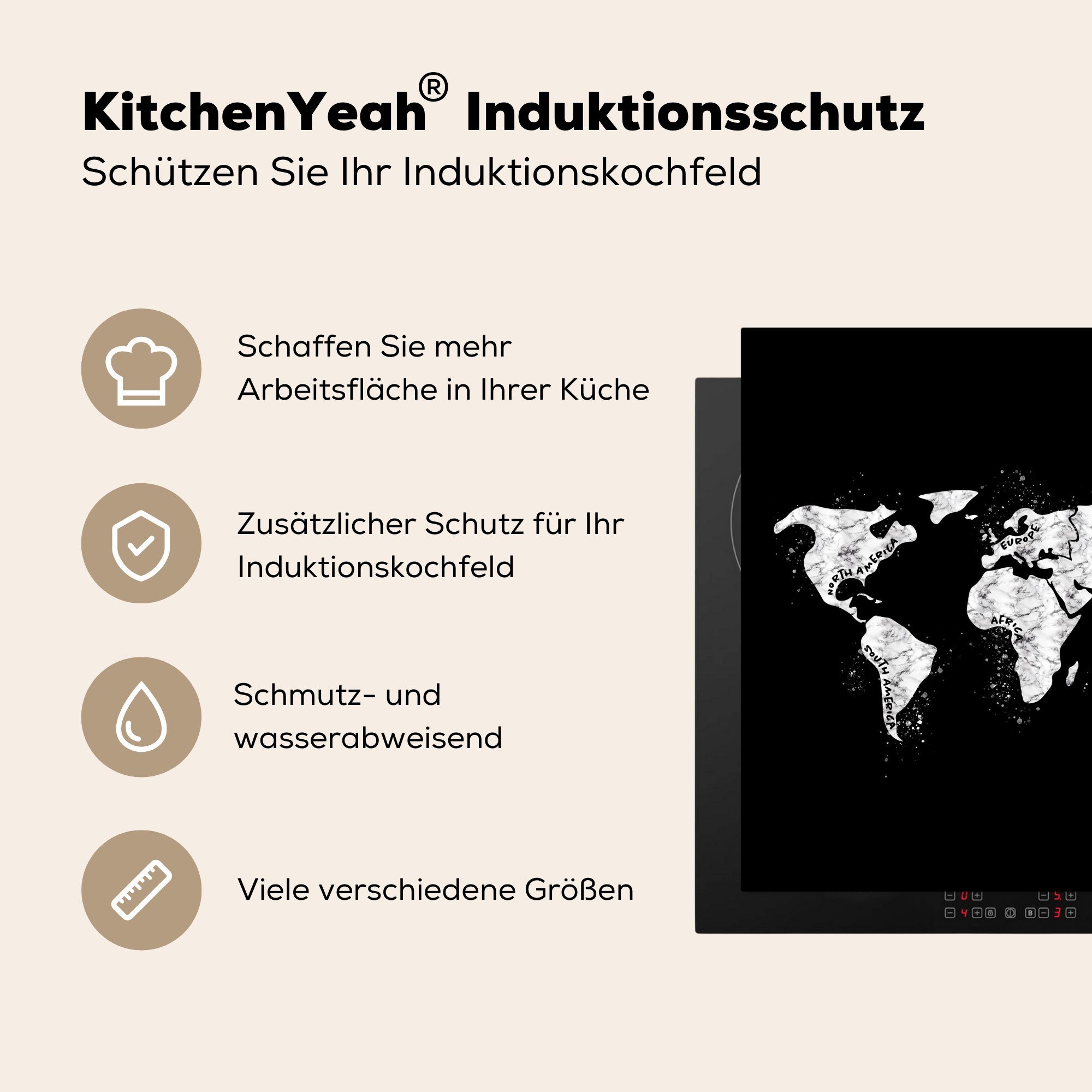 Weltkarte küche Weiß, Herdblende-/Abdeckplatte - MuchoWow cm, für Arbeitsplatte Schwarz Vinyl, Ceranfeldabdeckung, Marmor - (1 - 78x78 tlg),